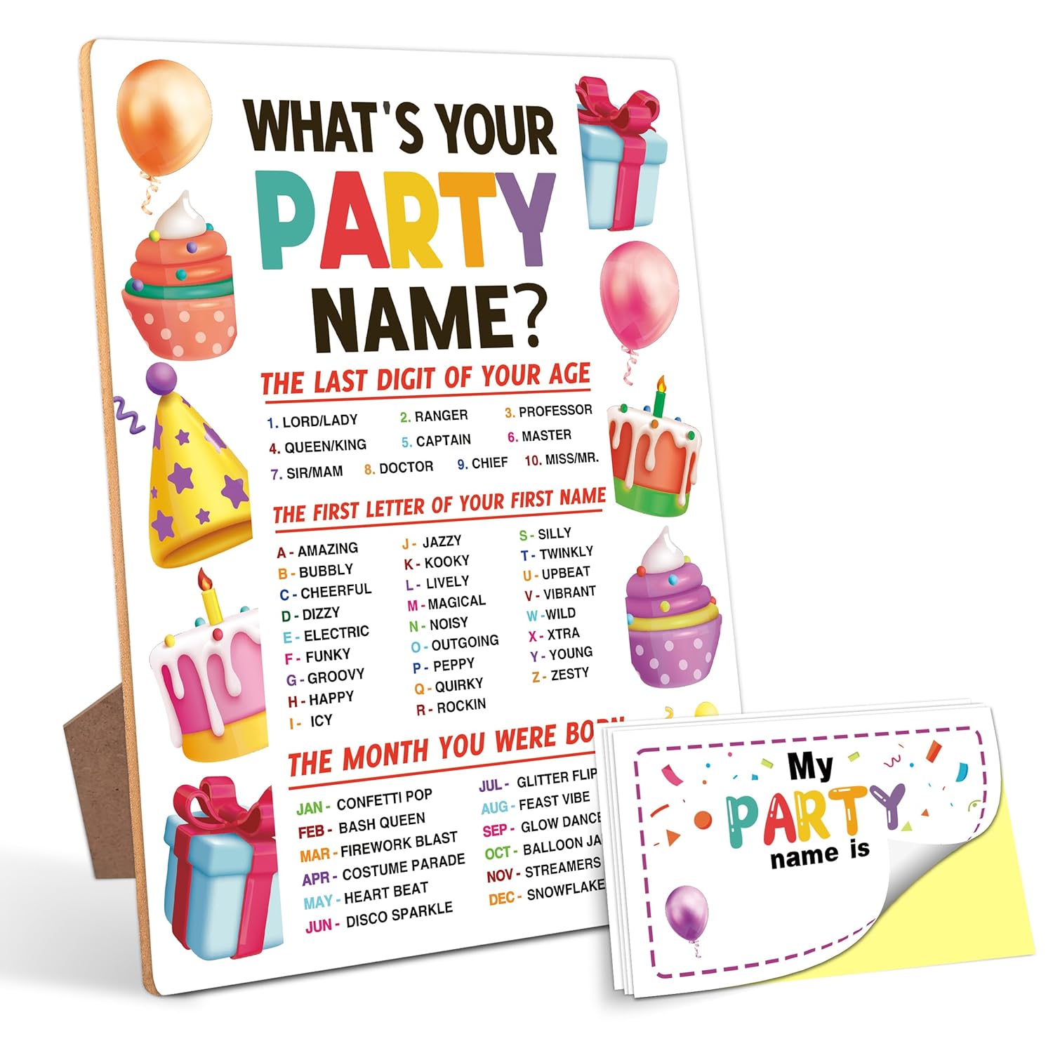 Party Decorations For Birthday Party Game, What Is Your Party Name,6×8 Wooden Play Sign With Stand And 30 Name Stickers Set