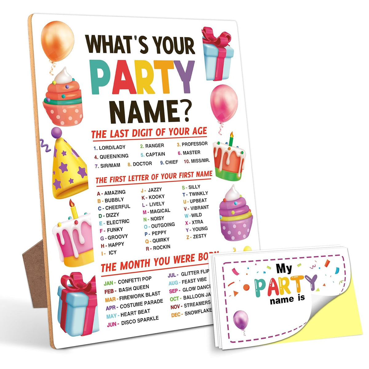 Party Decorations For Birthday Party Game, What Is Your Party Name,6×8 Wooden Play Sign With Stand And 30 Name Stickers Set
