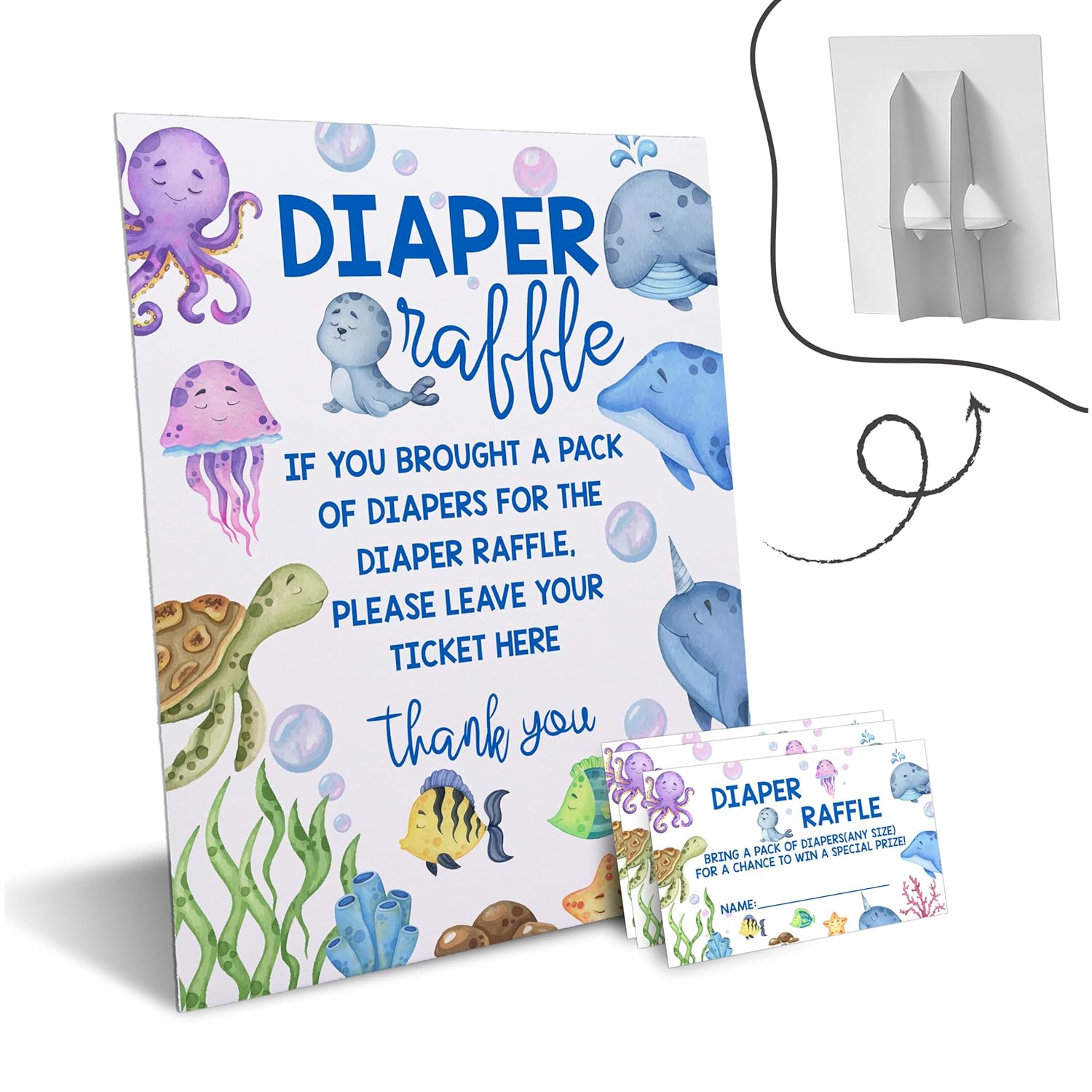 Under The Sea Diaper Raffle Tickets With Sign - Ocean Animals Baby Shower Game Card Set-1 Sign And 50 Tickets For Baby Shower Party Supplies - F02
