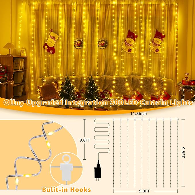 300 LED Curtain Lights 9.8FT x 9.8FT Waterproof Connectable Fairy String Lights with Remote 8 Modes Timer Plug In Warm White Wall Backdrop Wedding Party Decor