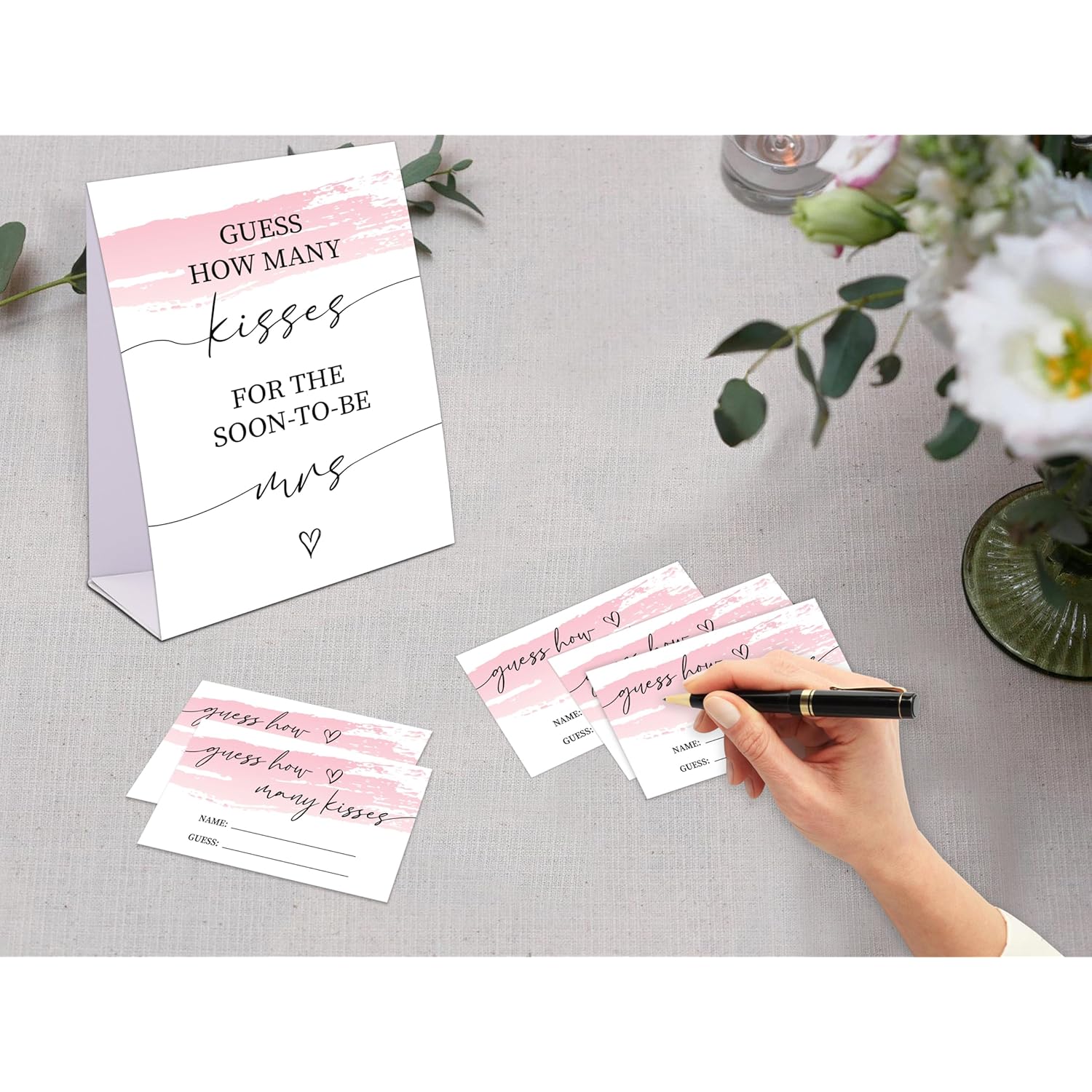 Pink Swash Bridal Shower Game, Guess How Many Kisses For The Soon To Be Mrs, Pack Of 1 Sign And 50 Guessing Cards, Modern Bridal Shower Decorations, Wedding Shower Supplies - 05
