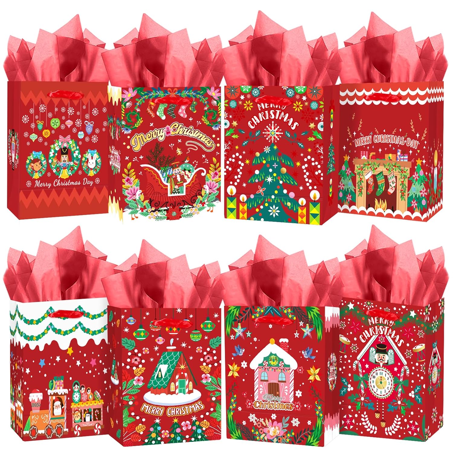 Christmas Gift Bags Set Of 8 - White Bags With Skibobs Design(8Pcs With Different Patterns, 24Pcs Tissue Paper Included, Medium Size 4.3"X 7.7"X 9.6")