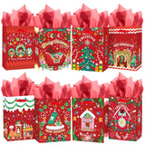 Christmas Gift Bags Set Of 8 - White Bags With Skibobs Design(8Pcs With Different Patterns, 24Pcs Tissue Paper Included, Medium Size 4.3"X 7.7"X 9.6")