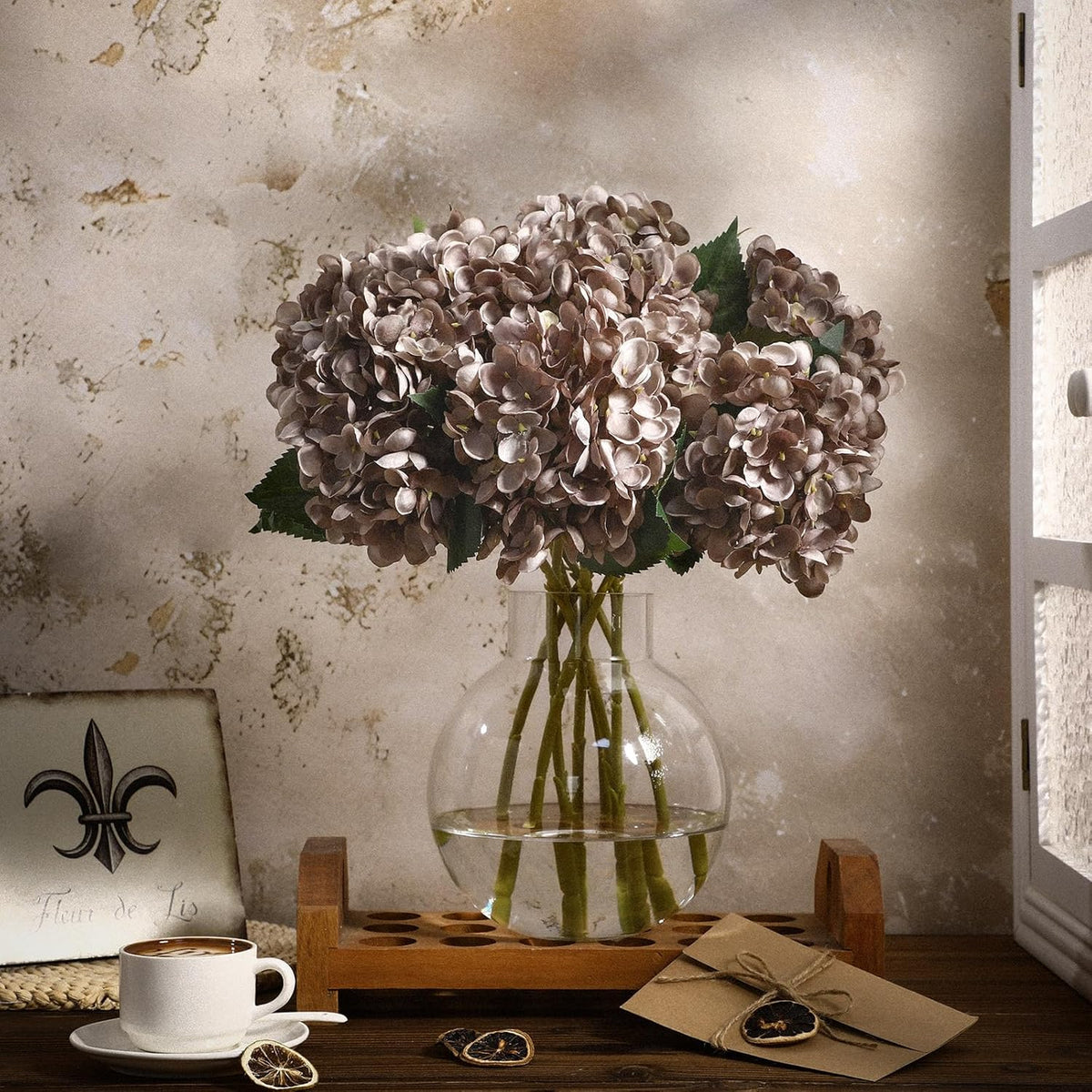 8 Pcs Coffee Brown Hydrangea Artificial Flowers 18 Inch Valentines Faux Hydrangea Flowers With Stems Fake Bouquet Bulk Realistic Floral For Spring Summer Wedding Home Table Indoor Decoration