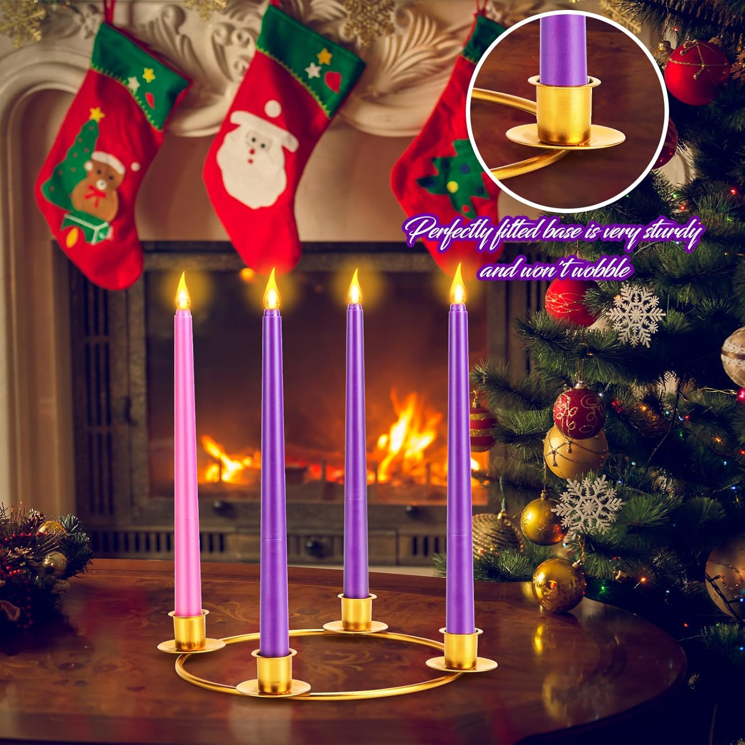 4-Piece Christmas Flameless Candle Set With Gold Metal Advent Remote Control Wreath Ring Candle Holder - Purple & Pink Taper Candles For Home Table Decorations
