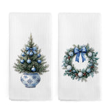Chinoiserie Christmas Wreath Kitchen Towels Set Of 2, Blue And White Christmas Tree Hand Towels For Bathroom, Grandmillennial Xmas Bow Dish Tea Towel For Kitchen, 16X24 Inch