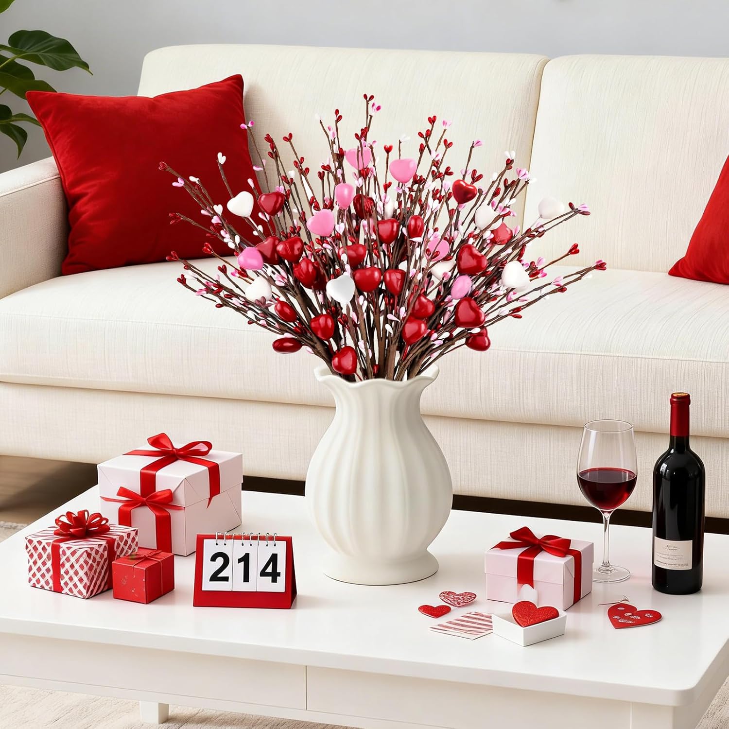 6Pcs Valentines Day Decorations Valentines Decor Red Pink White Heart Shaped Berry Picks Artificial Flowers For Valentines Day Gifts Wedding Home Decor 17In