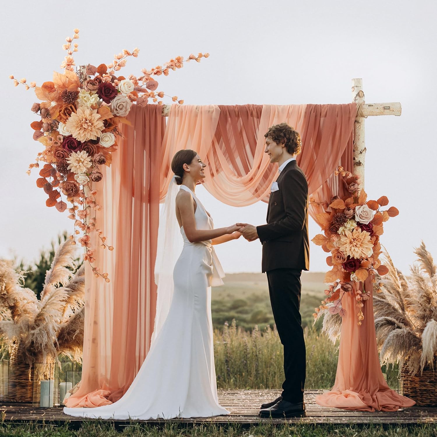 Artificial Wedding Arch Flowers Kit(Pack Of 4) 2Pcs Large Artificial Flower Swags With 2Pcs Draping Fabric For Wedding Party Ceremony Decoration(Burnt Orange)