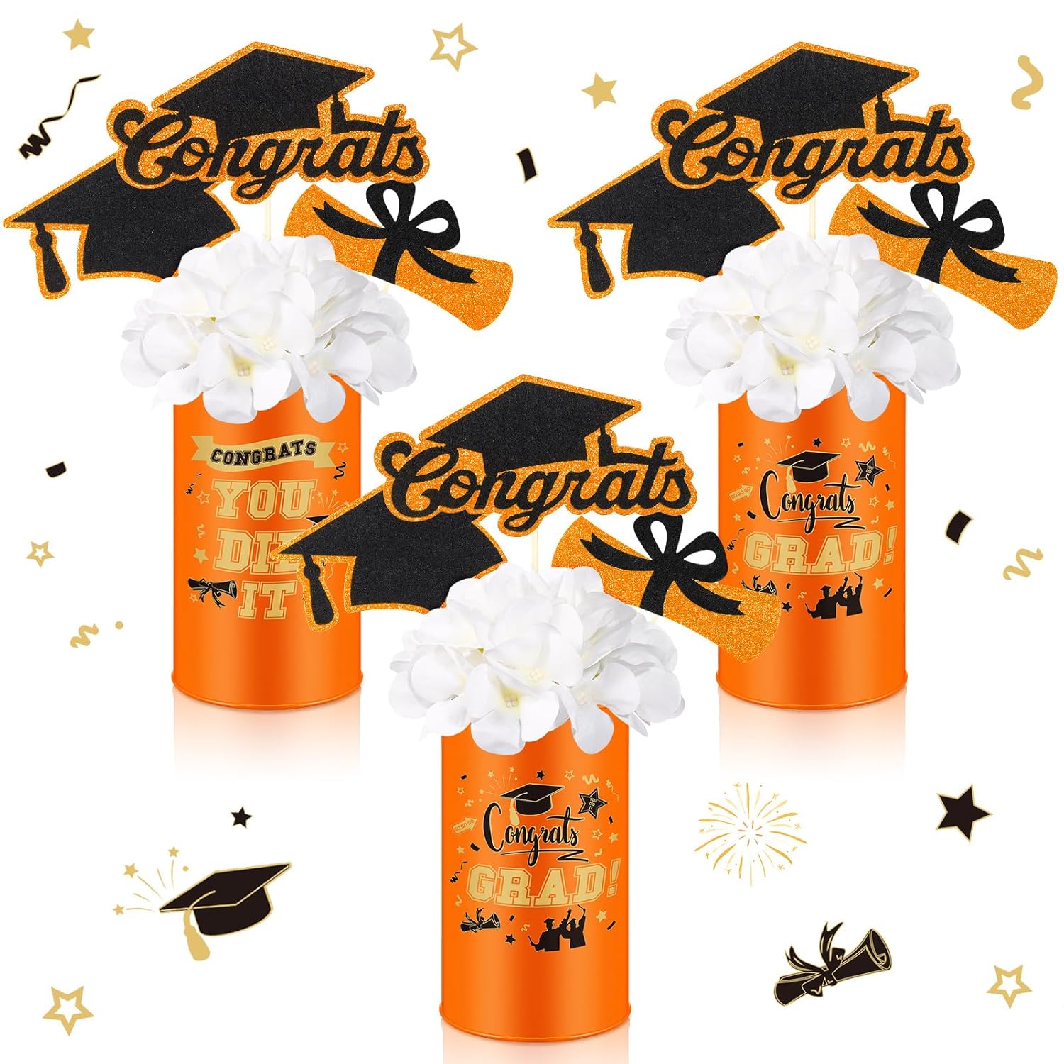 3 Sets Graduation Table Centerpiece Decorations Class Of 2025 Includes 3 Silk Artificial Flower 9 Congrats Grad Sticks Picks Toppers 3 Metal Vases For Home Party Supplies Gifts(Orange)