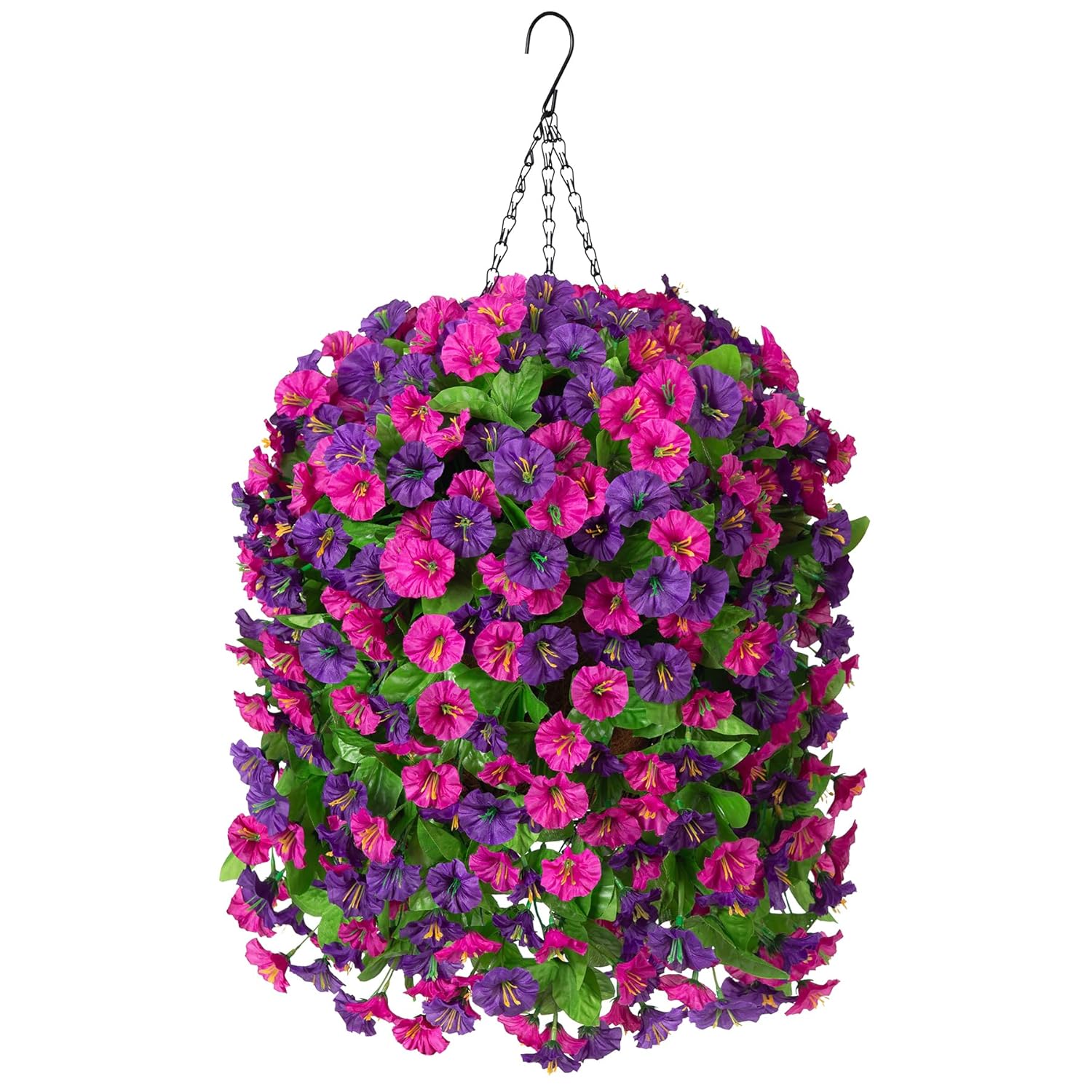 Artificial Flowers With Hanging Basket, Outdoor Faux Plants Silk Morning Glory Vines, Fake Green Arrangement For Garden Patio Spring Summer Decor(Purple Red Violet)