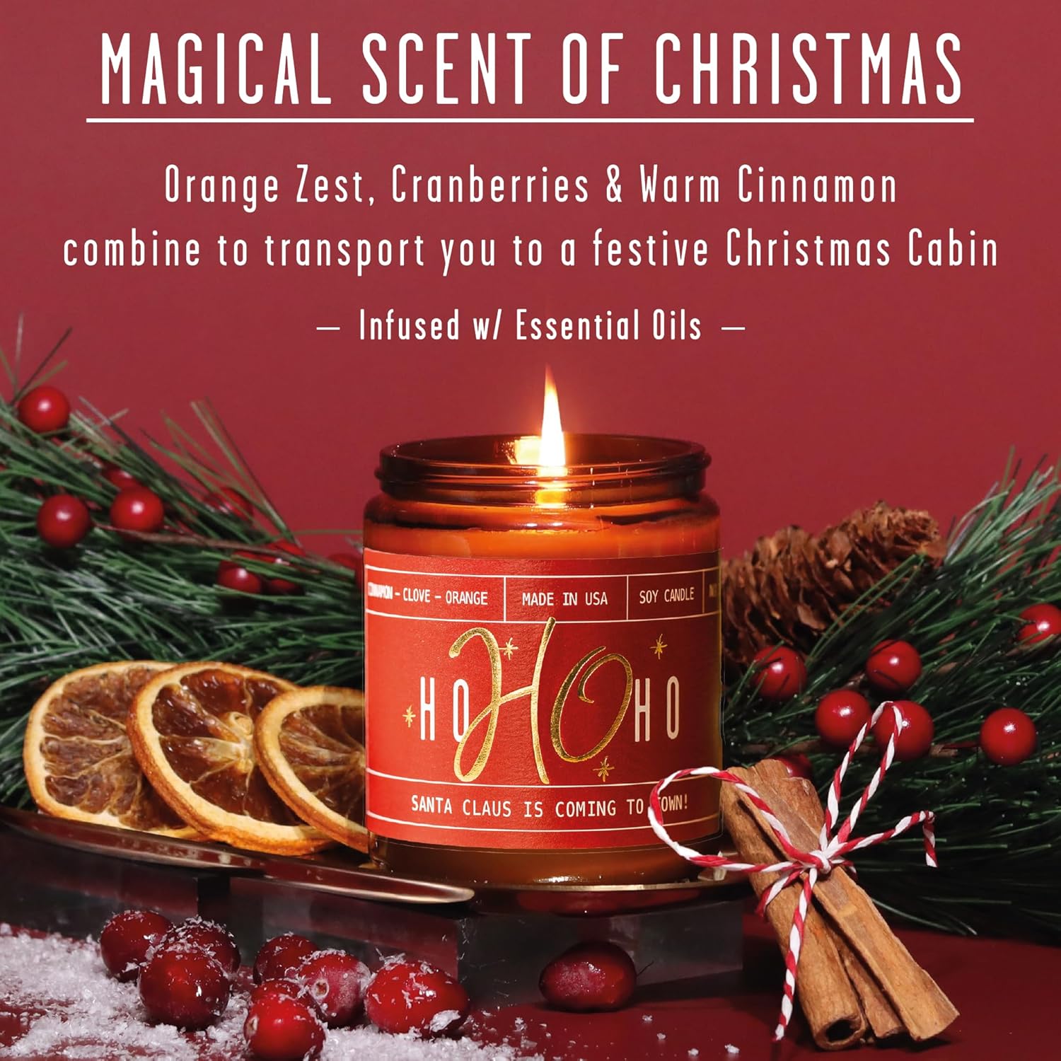 Christmas Candles For Holiday Set Of 2 - 'Ho Ho Ho' Christmas Scented Candles, W/Clove, Orange & Cinnamon Candle I Stocking Stuffers For Women I 9Oz Reusable Jar, 50Hr Burn, Usa Made