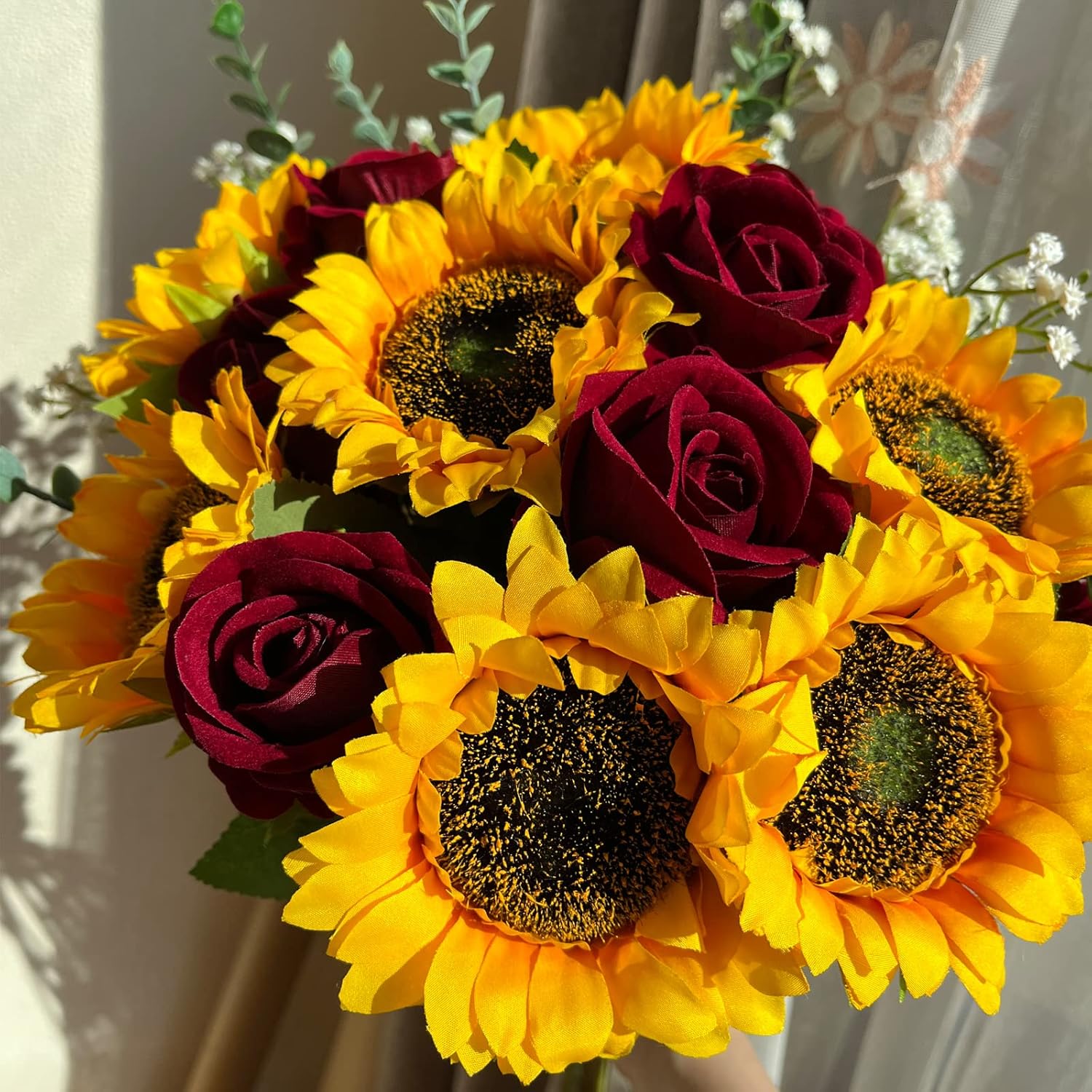 24Pcs Fake Rustic Combination Flowers Artificial Fall Decor Long Single Stem Flower Include Sunflowers Babys Breath Burgundy Roses And Green Eucalyptus Stems For Wedding Home Party Decor