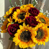 24Pcs Fake Rustic Combination Flowers Artificial Fall Decor Long Single Stem Flower Include Sunflowers Babys Breath Burgundy Roses And Green Eucalyptus Stems For Wedding Home Party Decor