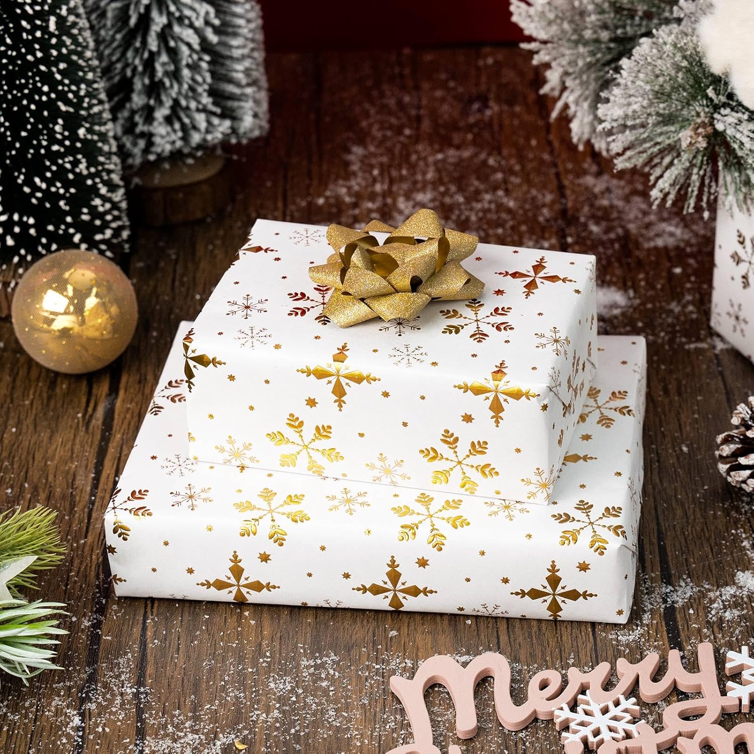 Christmas Wrapping Paper Roll - 3D Embossed Gold Foil Metallic Shine Snowfalkes Gift Wrap For Christmas, Winter Holiday, New Year Celebration - Mini Roll - 17 Inch X 33 Feet