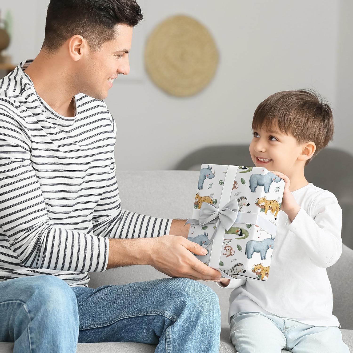 White Animals Wrapping Paper For Kids - Jungle Safari Gift Wrap With Cute Tiger, Zebra, Rhino, Monkey, Crocodile Design For Kids’ Birthday, Baby Shower - 28×40 Inches, 4 Folded Sheets