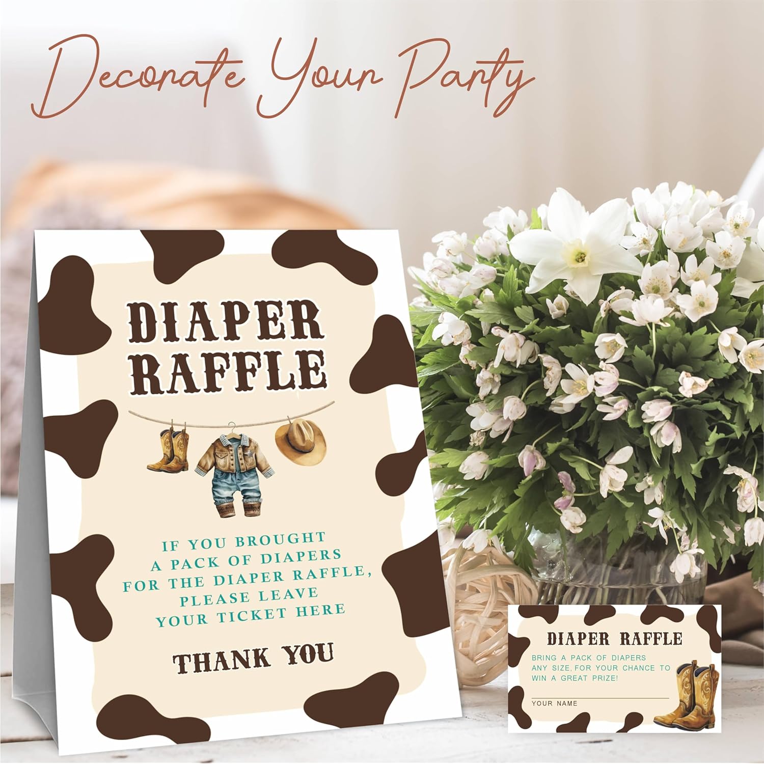 Baby Boy Diaper Raffle Game Kit For Baby Shower, Western Cowboy - 1 Standing Sign & 50 Tickets, Decorations For Baby Shower, Gender Reveal, Baby Announcement, Party Favor & Supplies - A08