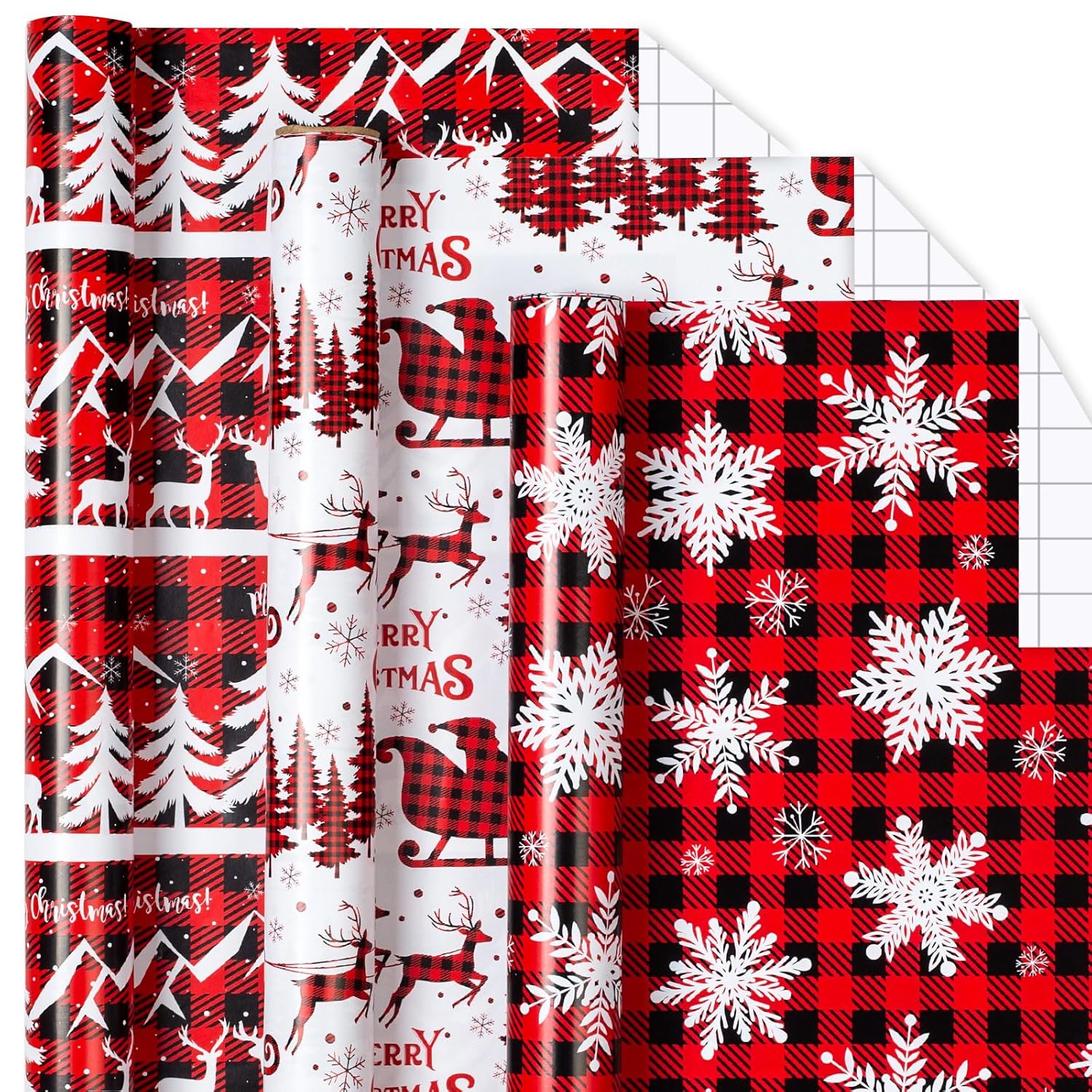 Red Wrapping Paper Roll - Mini Roll - 17 Inch X 120 Inch Per Roll - 3 Different Design Snowflake,Reindeer,Christmas Tree For Christmas Holiday(42.5Sq.Ft.Ttl)