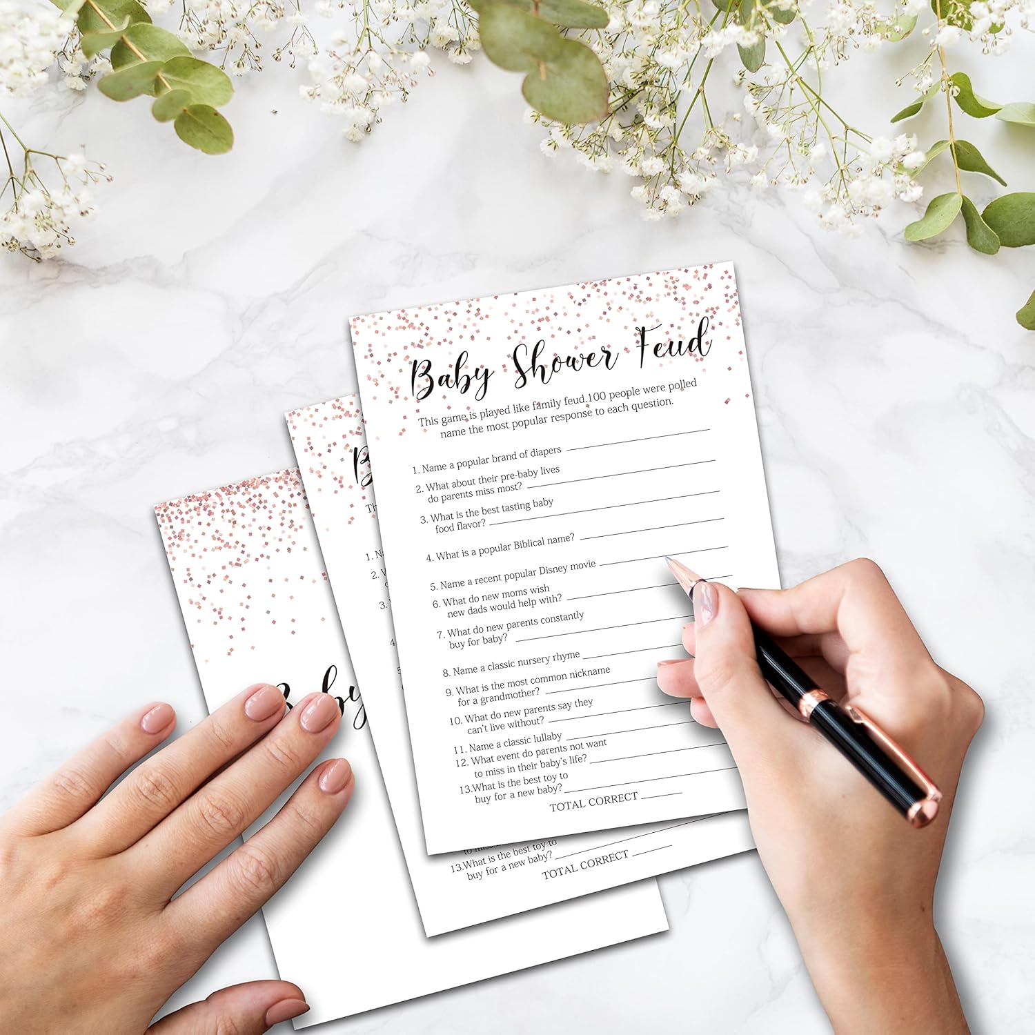 Baby Shower Feud Baby Shower Games, Pink Rose Gold Themed - 30 Game Card And 1 Answer Card Set, Baby Gender Reveal Party Game, Baby Shower Party Decorations -020-007