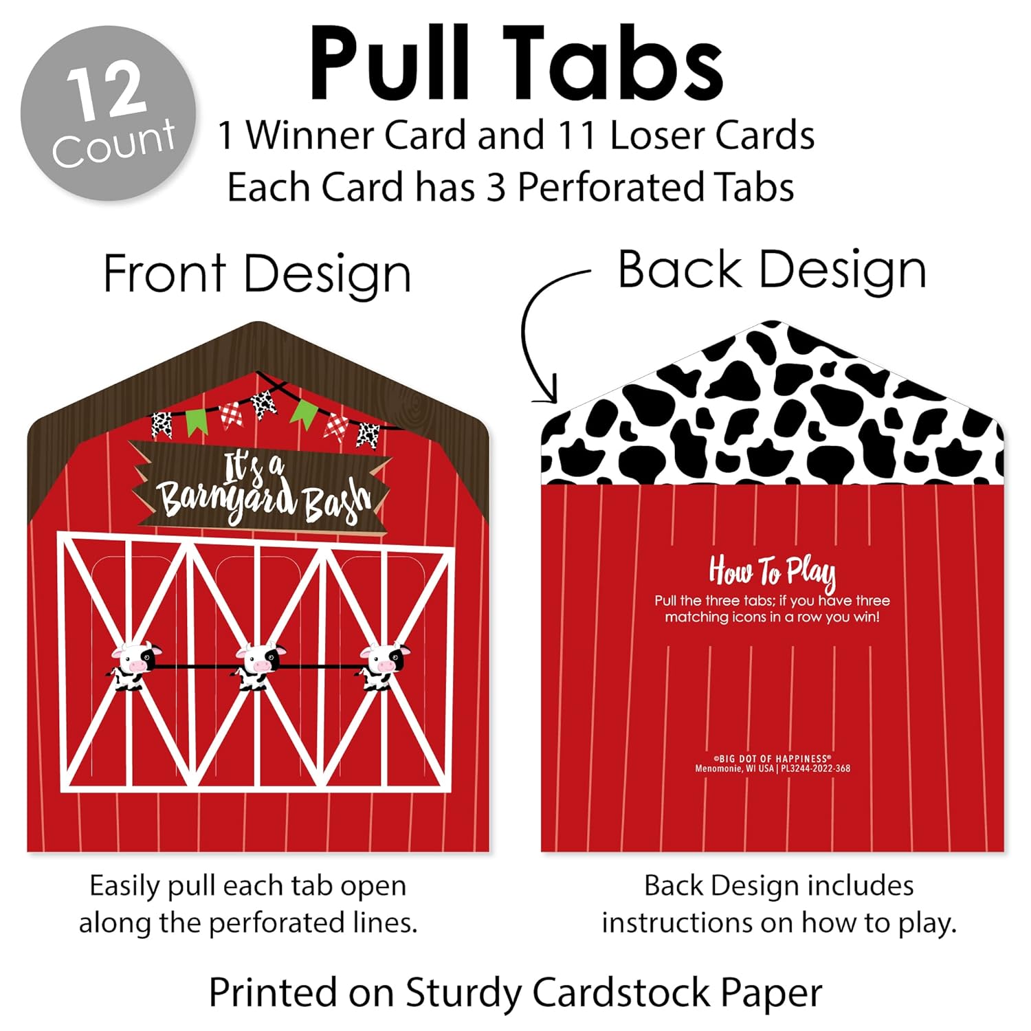 Big Dot of Happiness Farm Animals - Barnyard Baby Shower or Birthday Party Game Pickle Cards - Pull Tabs 3-in-a-Row - Set of 12