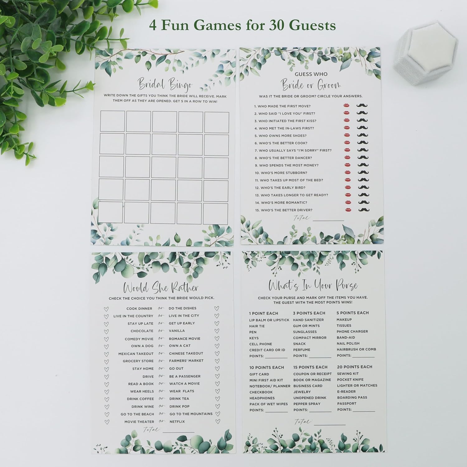 Eucalyptus Bridal Shower Games 30 Guests, Includes Would She Rather, Bridal Bingo, What'S In Your Purse, And Guess Who Bride Or Groom