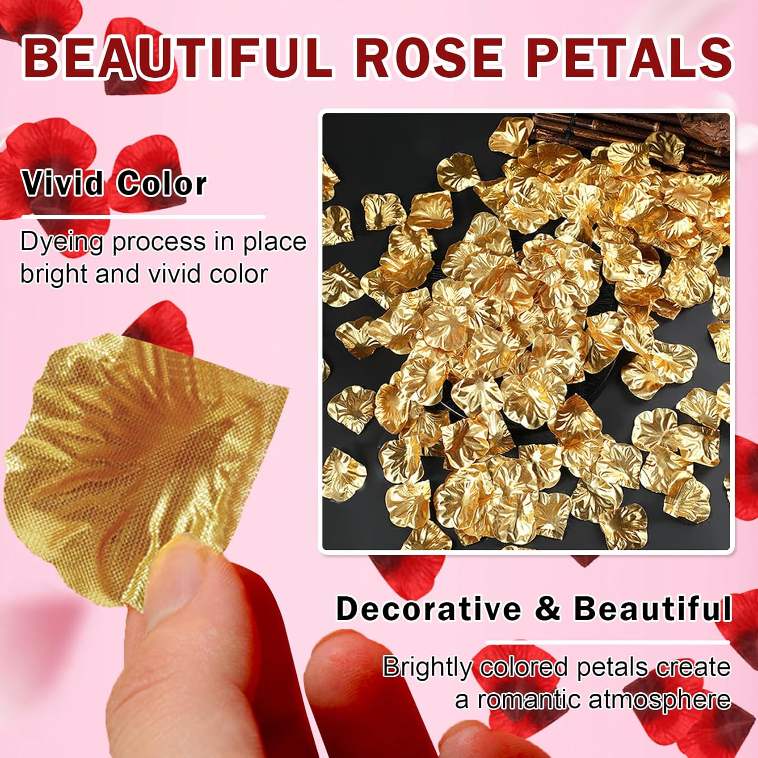 300Pcs Gold Artificial Silk Rose Petals Fake Rose Flower Petals For Valentines Romantic Night Wedding Proposal Anniversary Party Decorations(Gold)