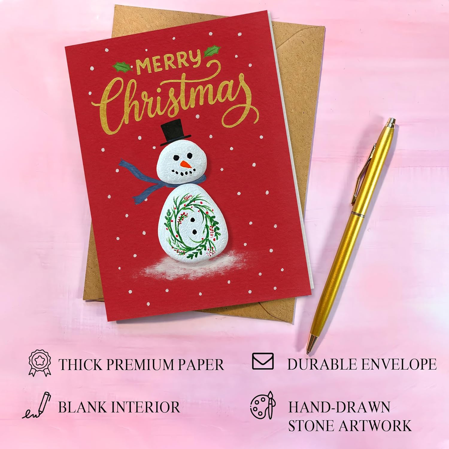 Handmade Snowman Christmas Greeting – Pebble Art Holiday Design With Envelope – Small Happy Holidays Mini, Winter-Themed Stationery, Unique Handmade Gift For Christmas
