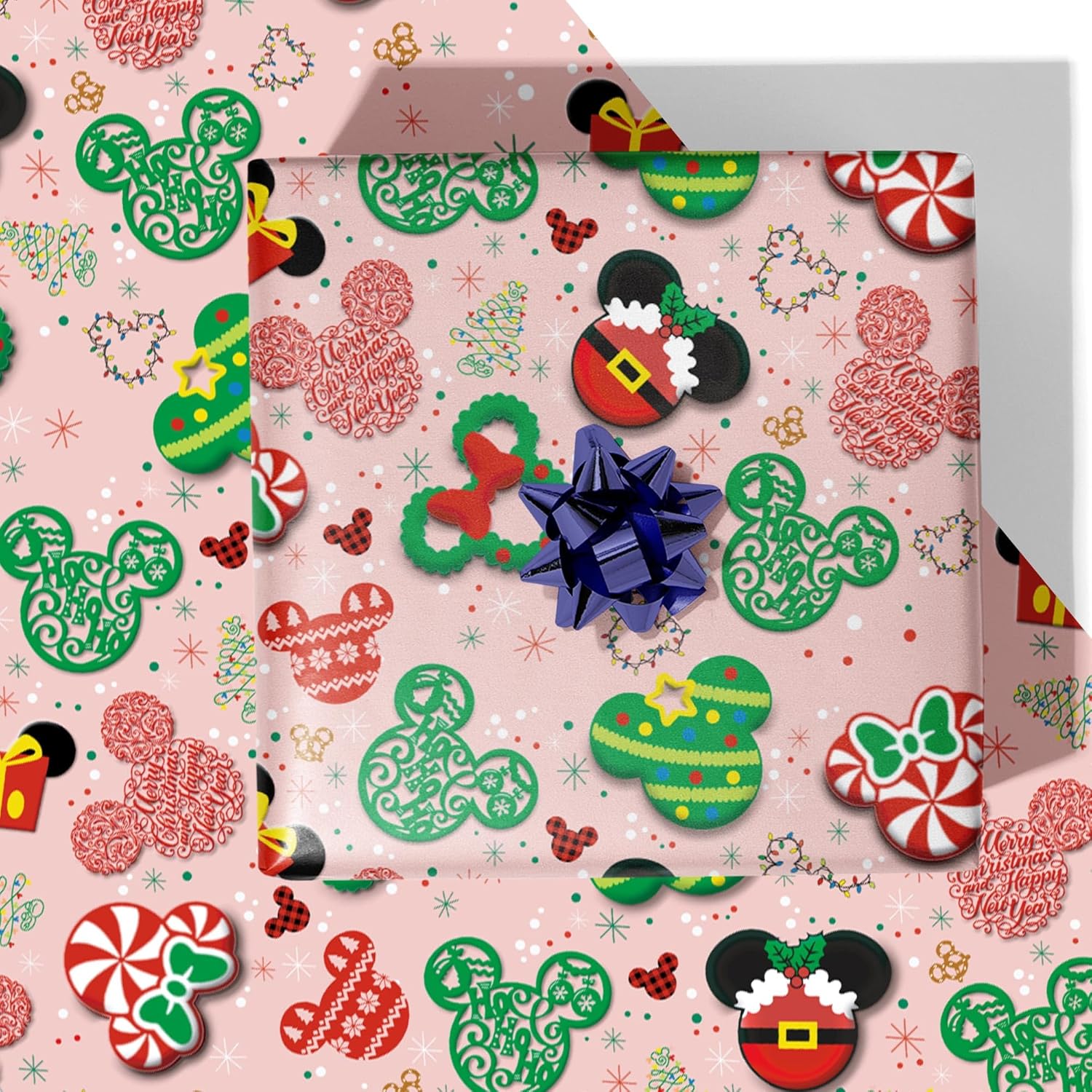 Mouse Christmas Wrapping Paper For Kids- Funny Pink Xmas Gift Wrap Red Candy Green Trees For Family Holiday Party - 4 Jumbo Sheets, 40 X 28 Inches Each