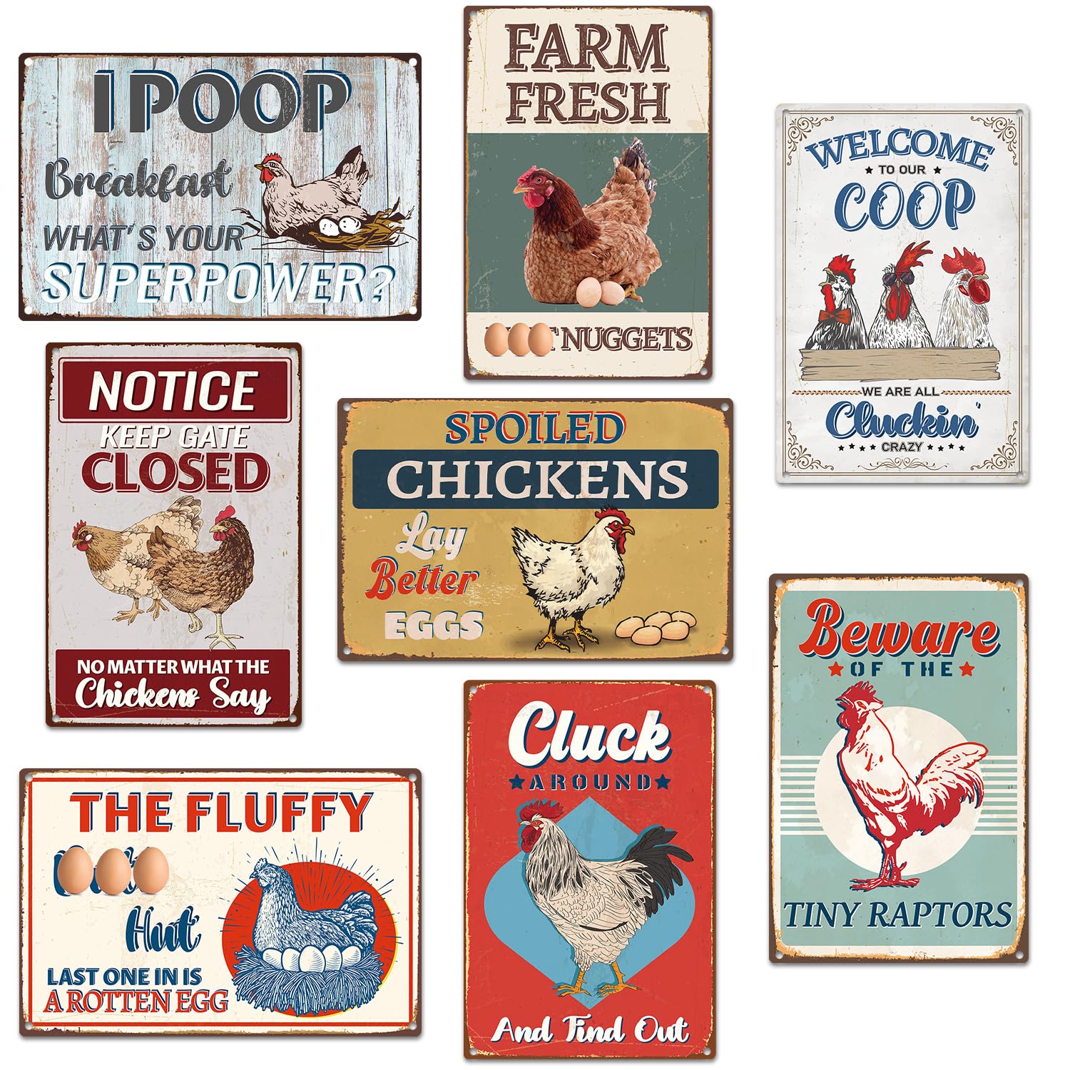 Funny Chicken Coop Decor, 8Pcs Metal Chicken Coop Signs Accessories Outdoor, Farm House Personalized Gifts For Yard Fence Decor 12X8 Inches