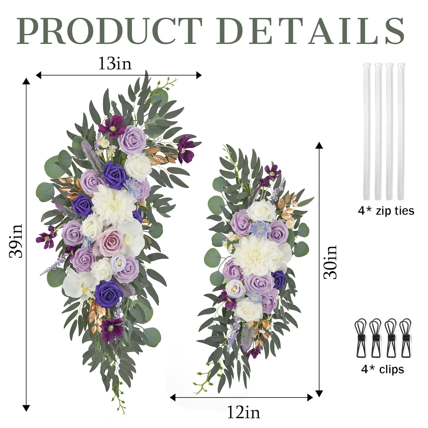 Wedding Arch Flowers Pack Of 2 Artificial Silk Large Flower Swag Purple Welcome Sign Floral Swag Reception Backdrop Floral Decor For Wedding Party Ceremony (Lilac & White)
