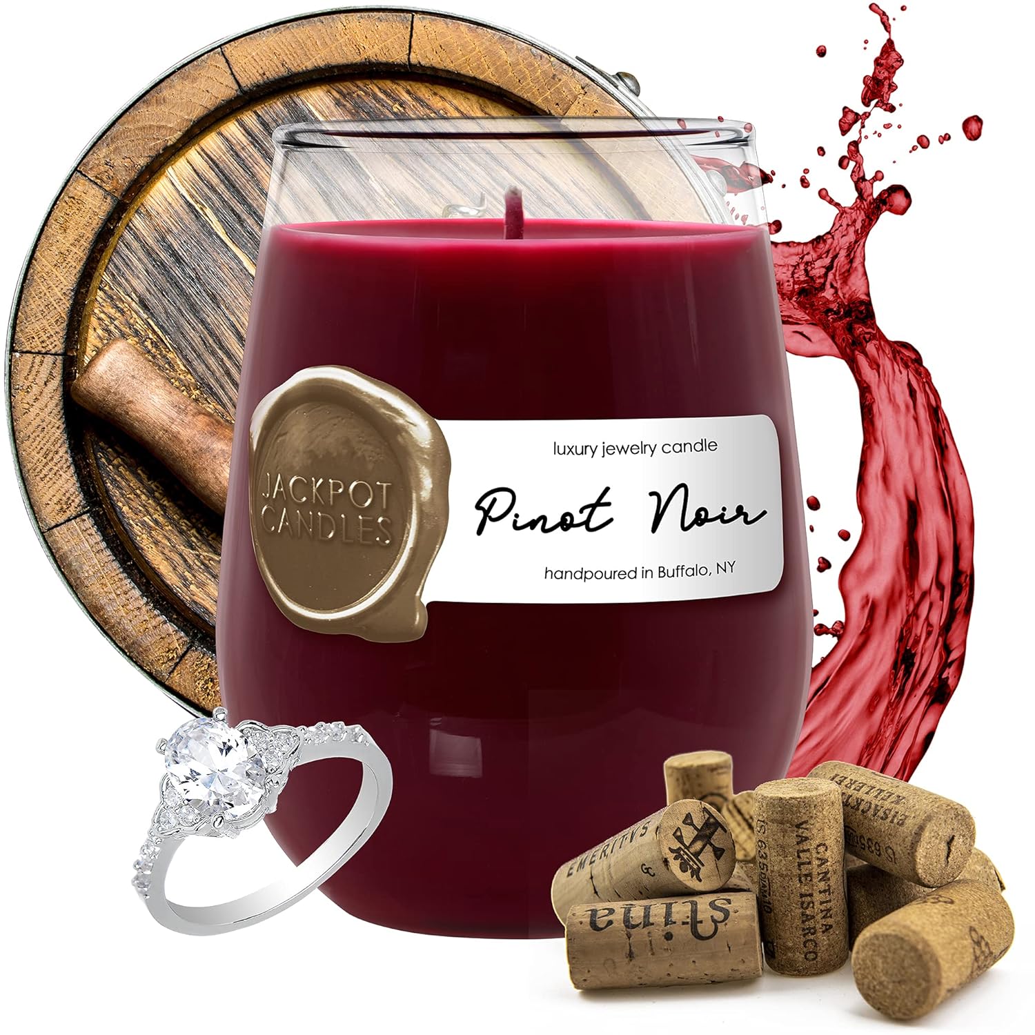 Pinot Noir Wine Glass Candle With Ring Inside (Surprise Jewelry Valued At 15 To 5,000 Dollars) Ring Size 6