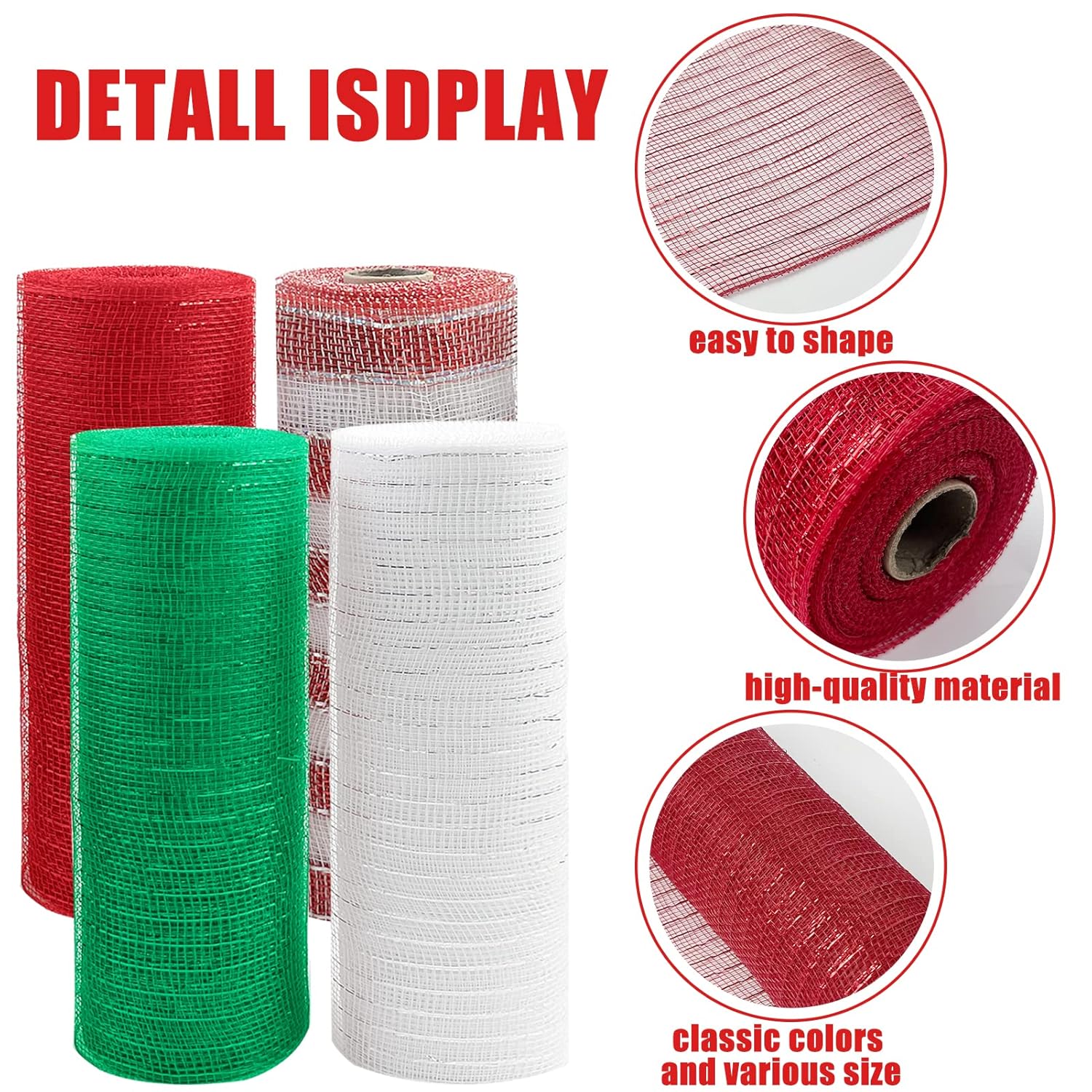 4 Roll Christmas Poly Mesh Ribbon, Red White Green Wired Edge Ribbon 10 Inch X 30 Feet Poly Deco Mesh Ribbon For Christmas Holiday Craft Wreaths Decorating