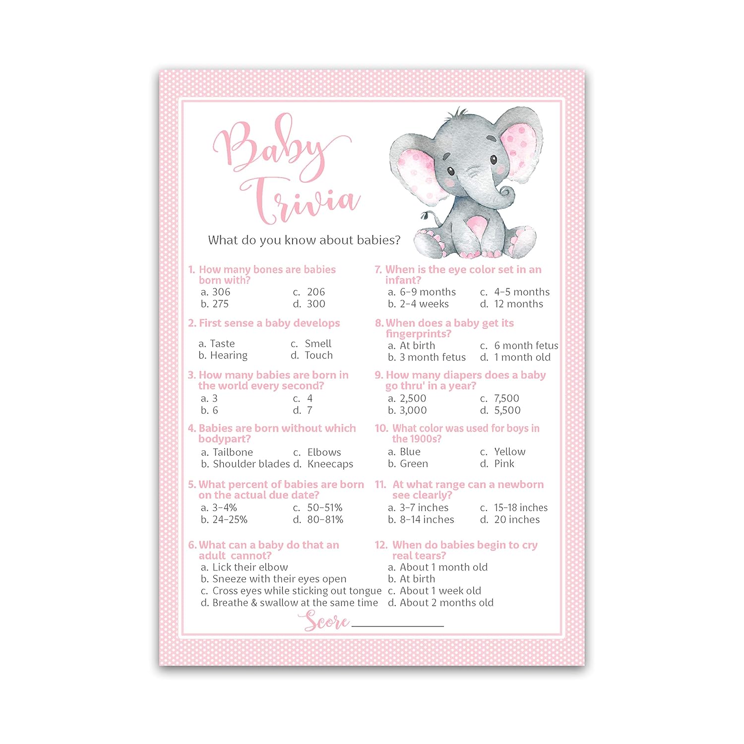 Pink Elephant Baby Shower Games — Baby Trivia Game — Pack Of 25 — Fun Facts Girl Shower Activity, Pink Baby Elephant Little Peanut Theme Couples Coed Shower, Gender Reveal Party G500-Trv