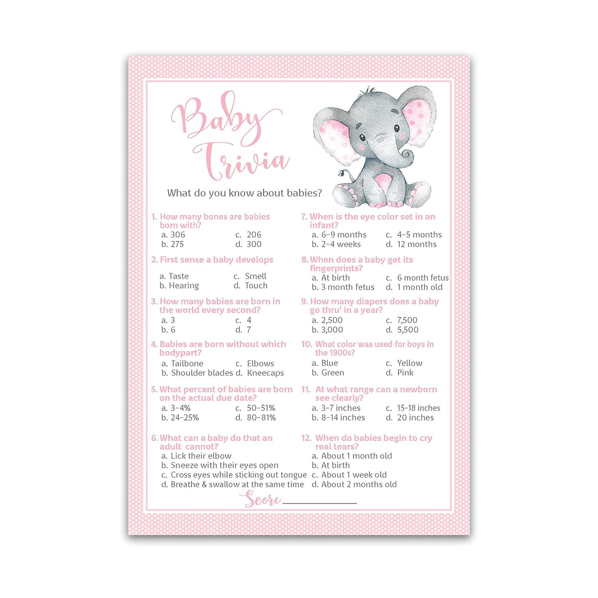 Pink Elephant Baby Shower Games — Baby Trivia Game — Pack Of 25 — Fun Facts Girl Shower Activity, Pink Baby Elephant Little Peanut Theme Couples Coed Shower, Gender Reveal Party G500-Trv