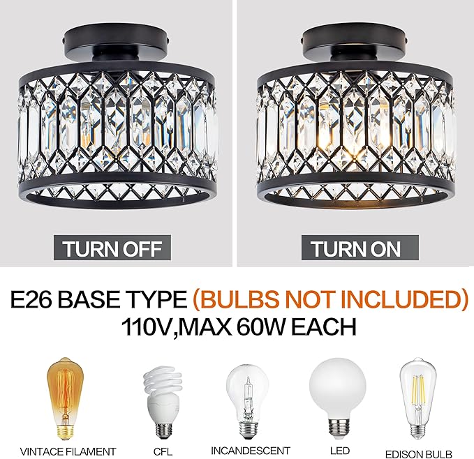 Black Crystal Semi Flush Mount Ceiling Light Modern Chandelier Fixture