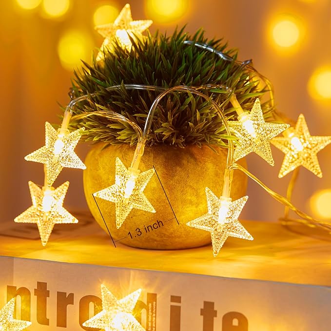 17FT Battery Operated Star String Lights 50 LED Warm White Fairy Lights with Timer Waterproof for Bedroom Patio Wedding Ramadan Decor