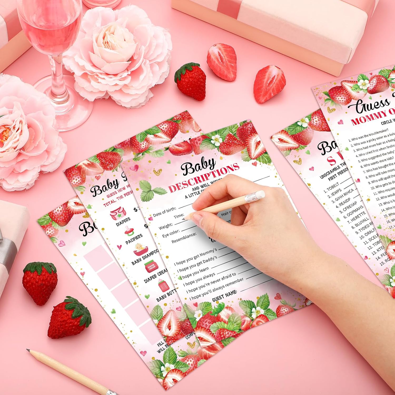 145 Pcs Baby Shower Games Activities Cards With 20 Pencils Includes Baby Bingo Description And Wishes Guess Who Price Is Right Word Scramble Game(Strawberry)