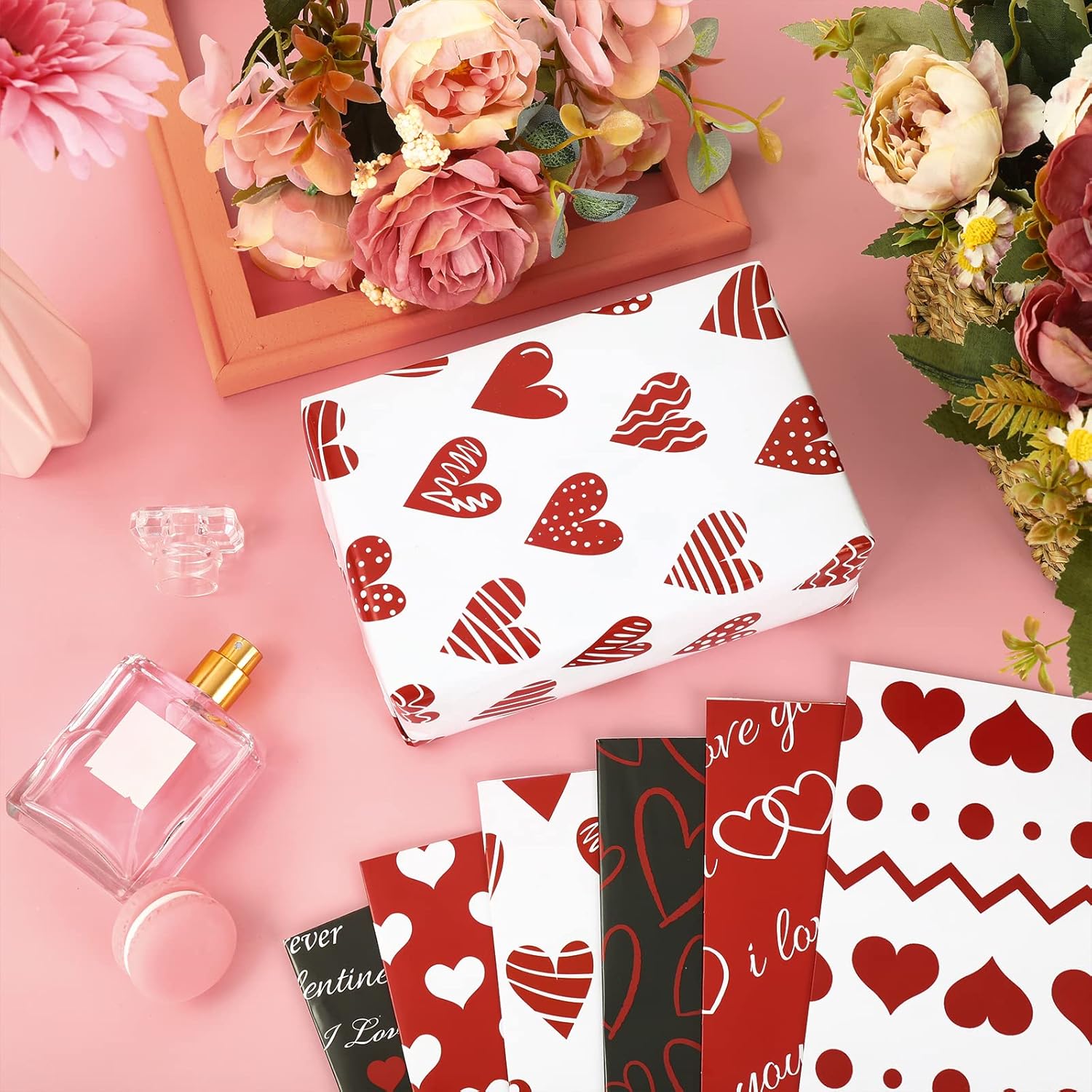 12 Sheet Valentine'S Day Wrapping Paper Red White Black Hearts Wrapping Paper Sweet Love Art Paper For Wedding Anniversary Baby Shower Birthday Gift Packing, 19.7 X 27.6 Inch, Folded Flat