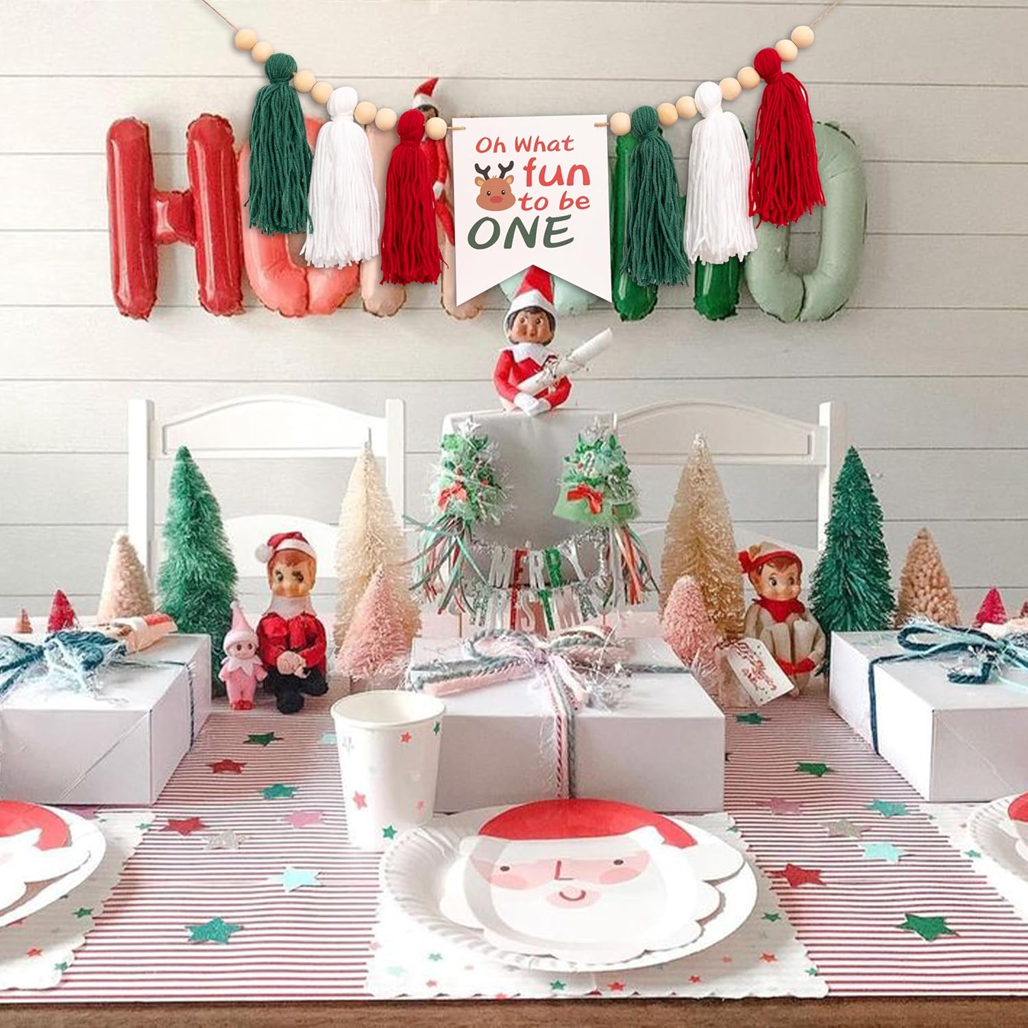 Christmas High Chair Banner - What Fun It Is To Be One Highchair Banner,Little Reindeer Xmas Garland,Merry Little Christmas Decorations (Christmas Tassel)