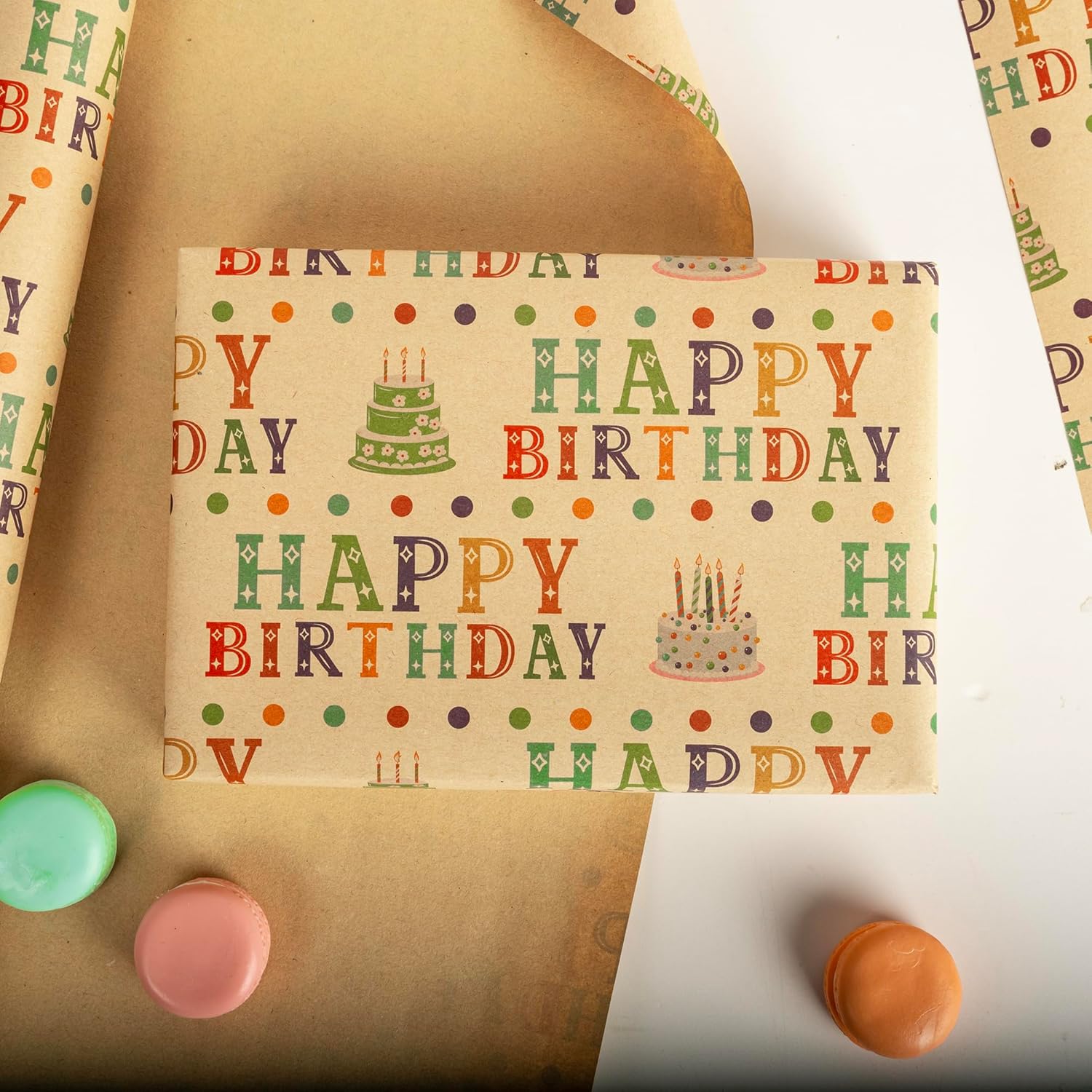 Kraft Birthday Wrapping Paper Roll For Kids Boys Girls - Colorful Cake Happy Birthday Lettering And Dot Design Gift Wrap For Birthday Holiday Party Baby Shower(Total 28.5Sq.Ft)