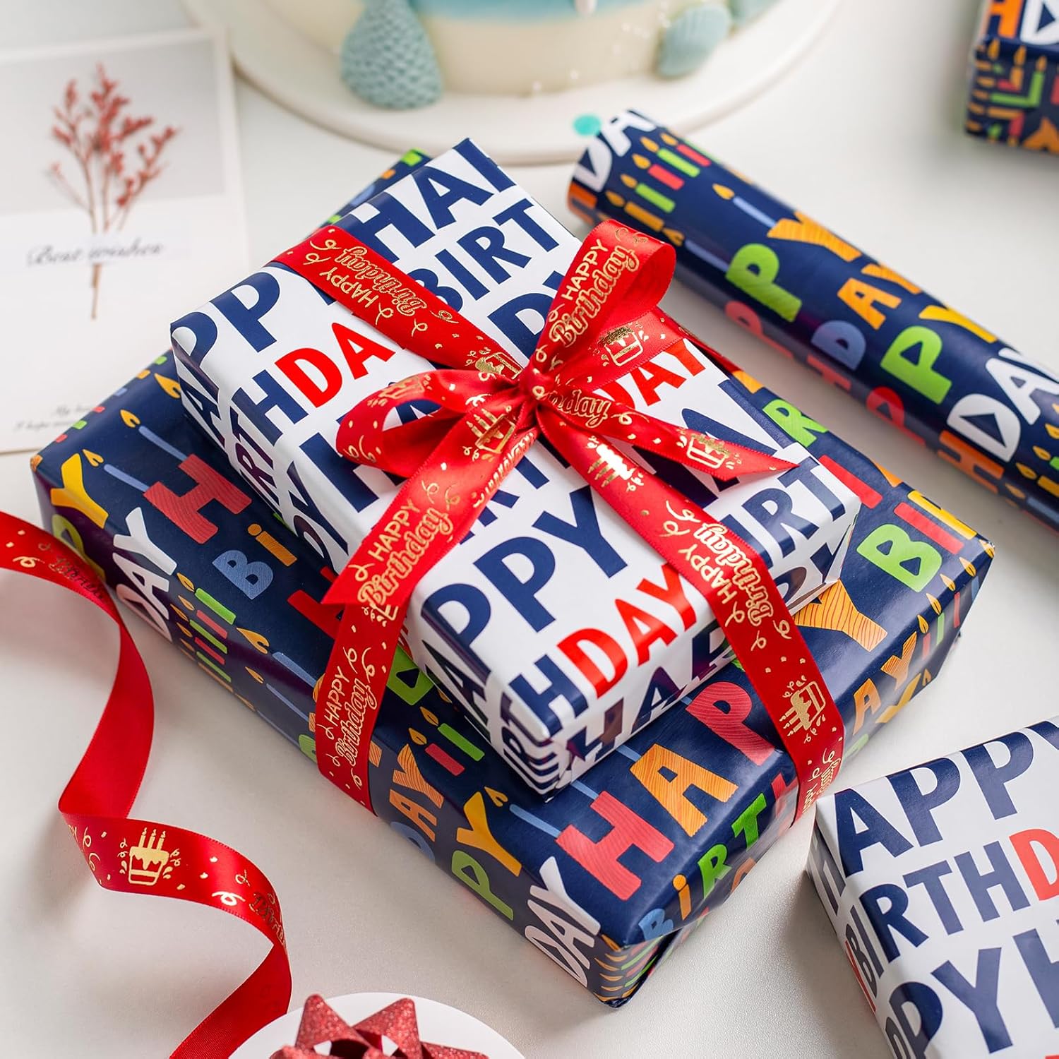 Reversible Birthday Wrapping Paper Roll - 17 Inch X 33 Ft(46.8 Sq.Ft.Ttl) - Creative Colorful Happy Birthday Lettering & Candle Navy Blue Gift Wrap For Party, Baby Shower & Holiday
