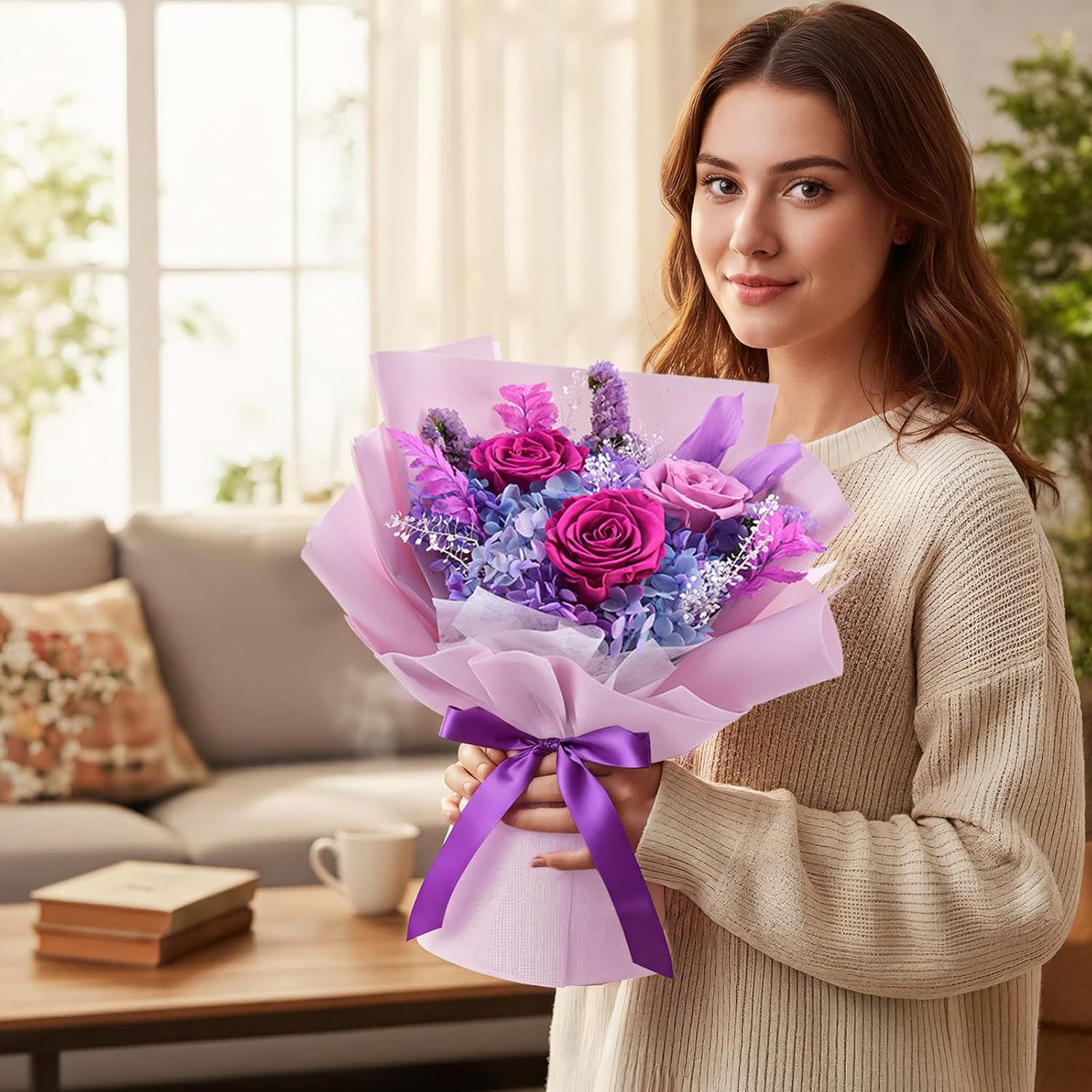 Preserved Flowers Bouquet, Flowers For Delivery,Handmade Purple Rose Bouquets Lasting 3-5 Years, Luxury Gift Box,Birthday Flowers Gifts For Women Mom Grandma Wife Friends