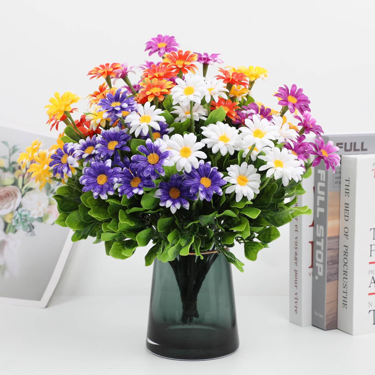Artificial Daisies Plastic Flowers, 12 Bundles No Fade Artificial Daisies Flowers, Indoor Outside Home Garden, Shrubs, Porch Window Spring Summer Decor, Artificial Flowers For Outdoors