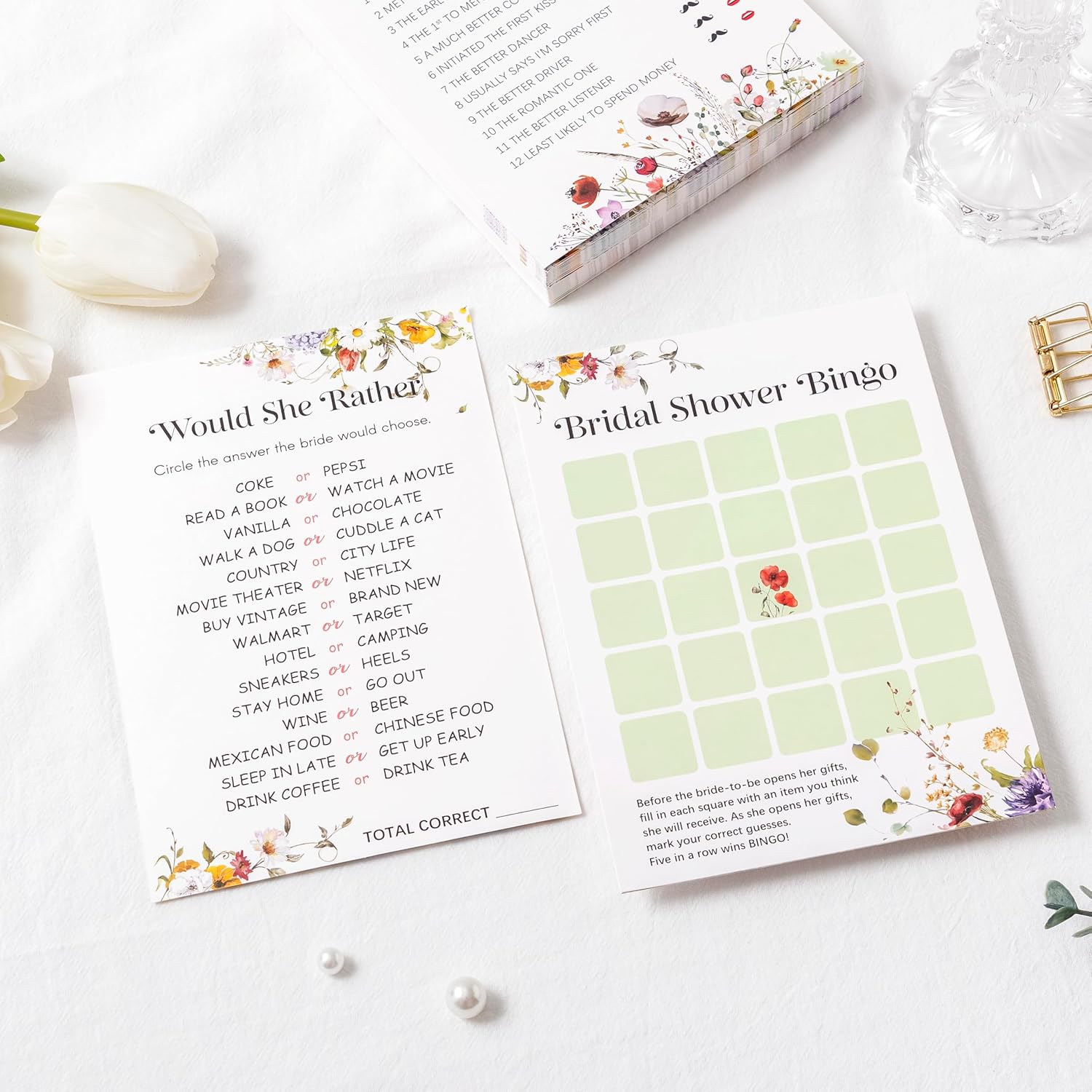 4 Fun Bridal Shower Games For 60 Guests - Wedding Games Includes Bingo, Emoji Guessing, Bride Trivia(Would She Rather), He Said She Said Bridal Game, Love Is In Bloom Wildflower Design