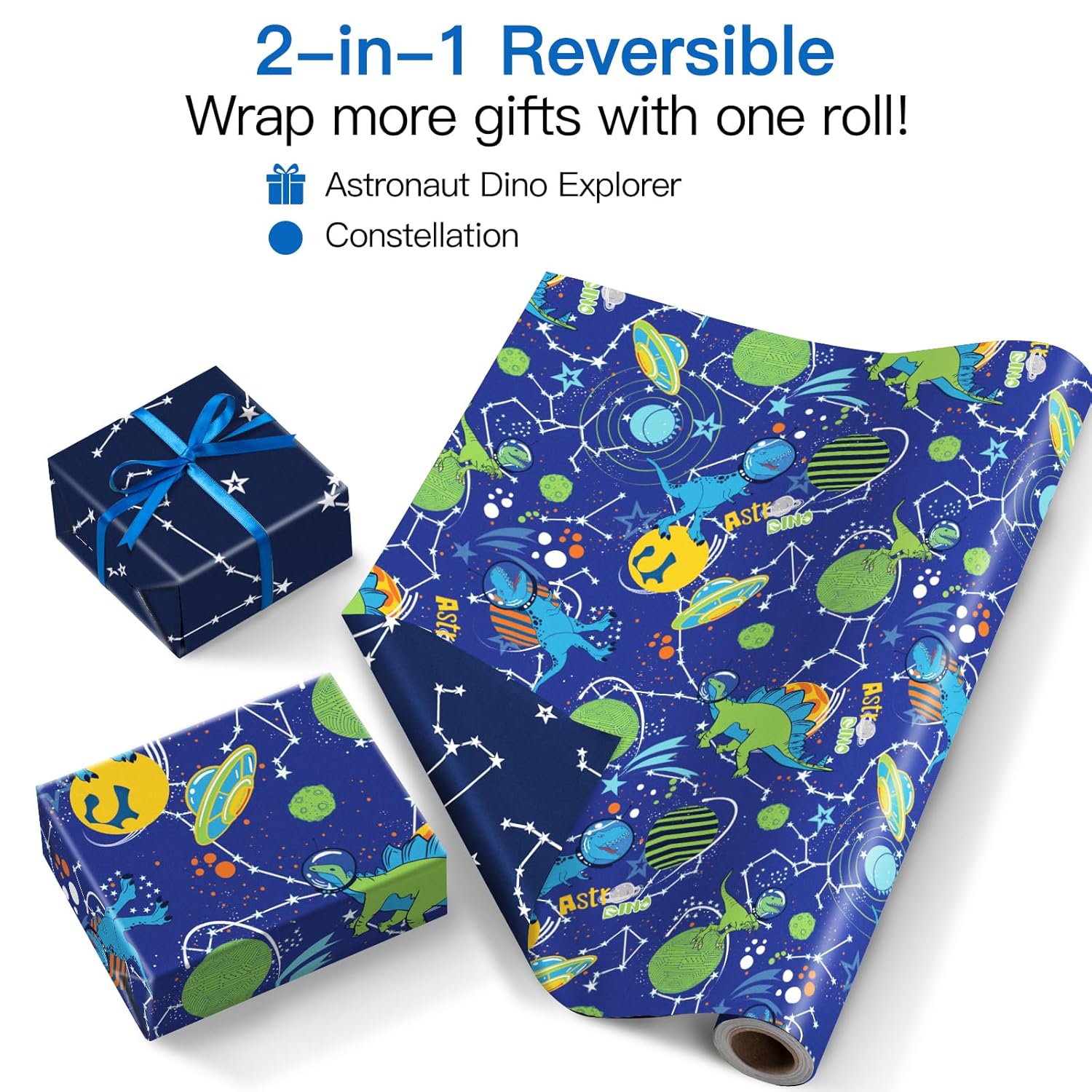 Reversible Birthday Dinosaur Wrapping Paper Roll, Mini Roll, Blue Astro Dinosaur, Planets And Constellation Pattern Gift Wrap Paper For Kids Boys Birthday, Space Party, 17 Inches X 16.4 Feet