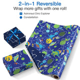 Reversible Birthday Dinosaur Wrapping Paper Roll, Mini Roll, Blue Astro Dinosaur, Planets And Constellation Pattern Gift Wrap Paper For Kids Boys Birthday, Space Party, 17 Inches X 16.4 Feet