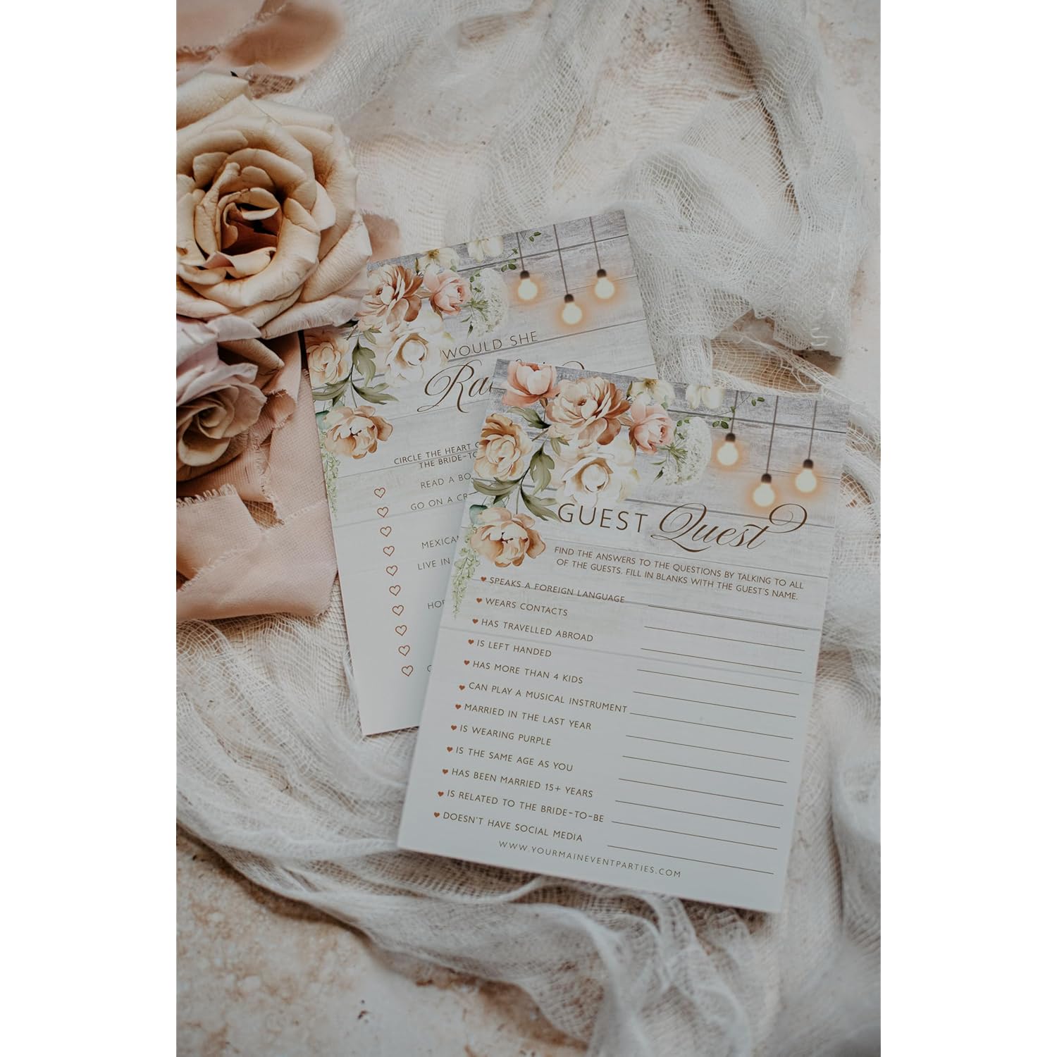 Rustic Wood And Floral Wedding Bridal Shower Games - Would She Rather, Guest Quest, He Said She Said, And Love Match - 25 Games Cards Per Game