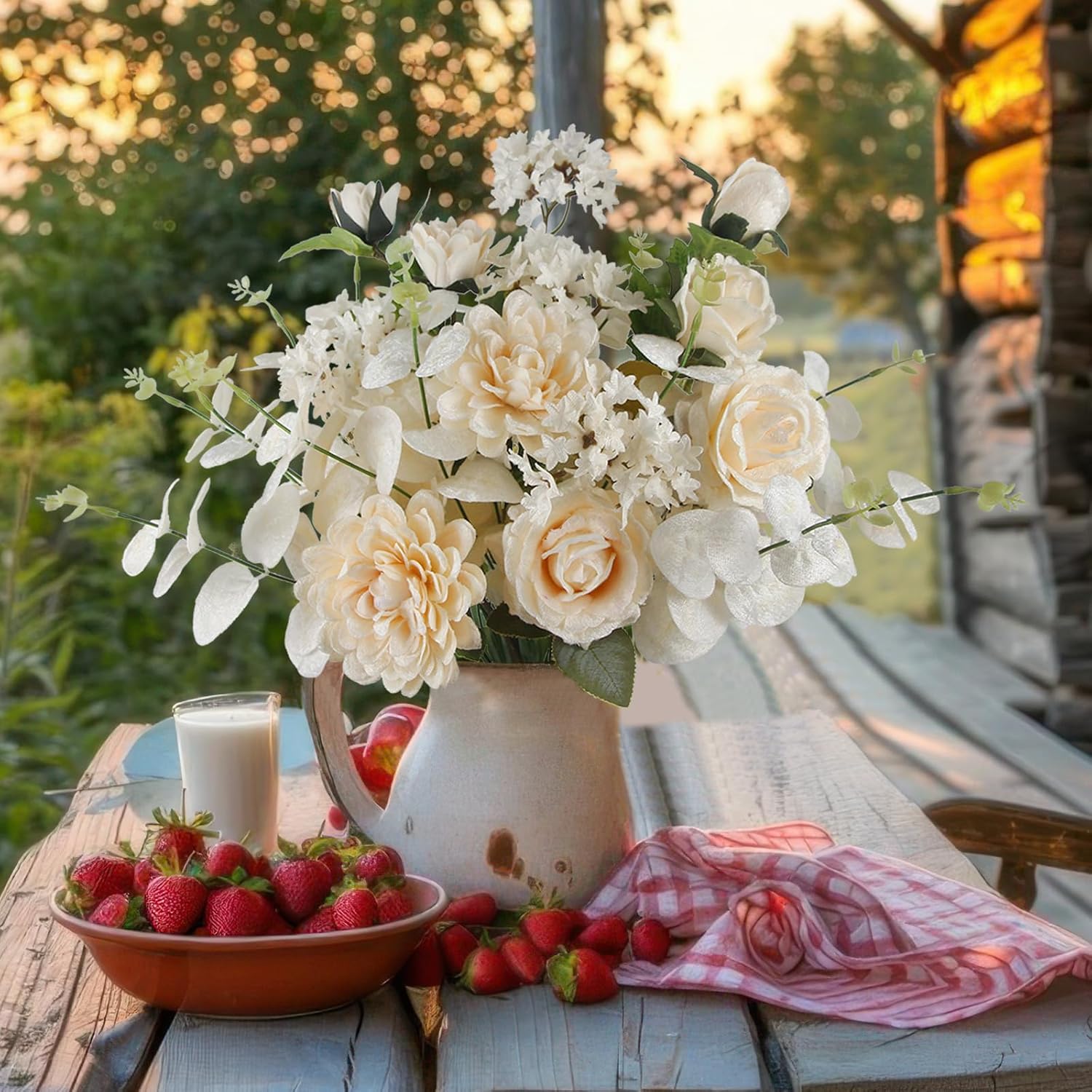 2 Pcs Artificial Flowers Roses Silk Dahlias Flowers Wedding Bouquet White Faux Spring Summer Flowers For Wedding Floral Arrangament Table Centerpieces Indoor Vase Home Cemetery Grave Decor