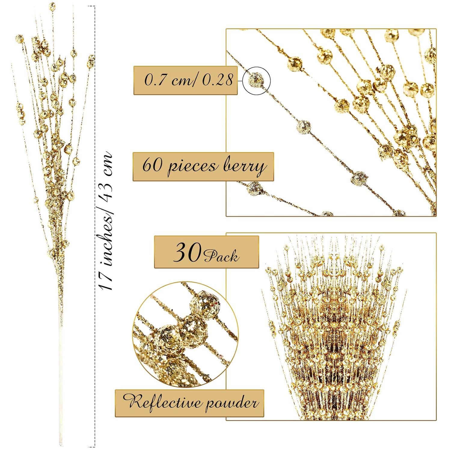 30 Pcs Christmas Artificial Glitter Berry Stem Decorations 17 Inch Faux Stick Floral Pick Centerpiece Bouquet Flower Bead Twigs For Centerpiece Tree Wreath Xmas Ornaments Home(Gold)