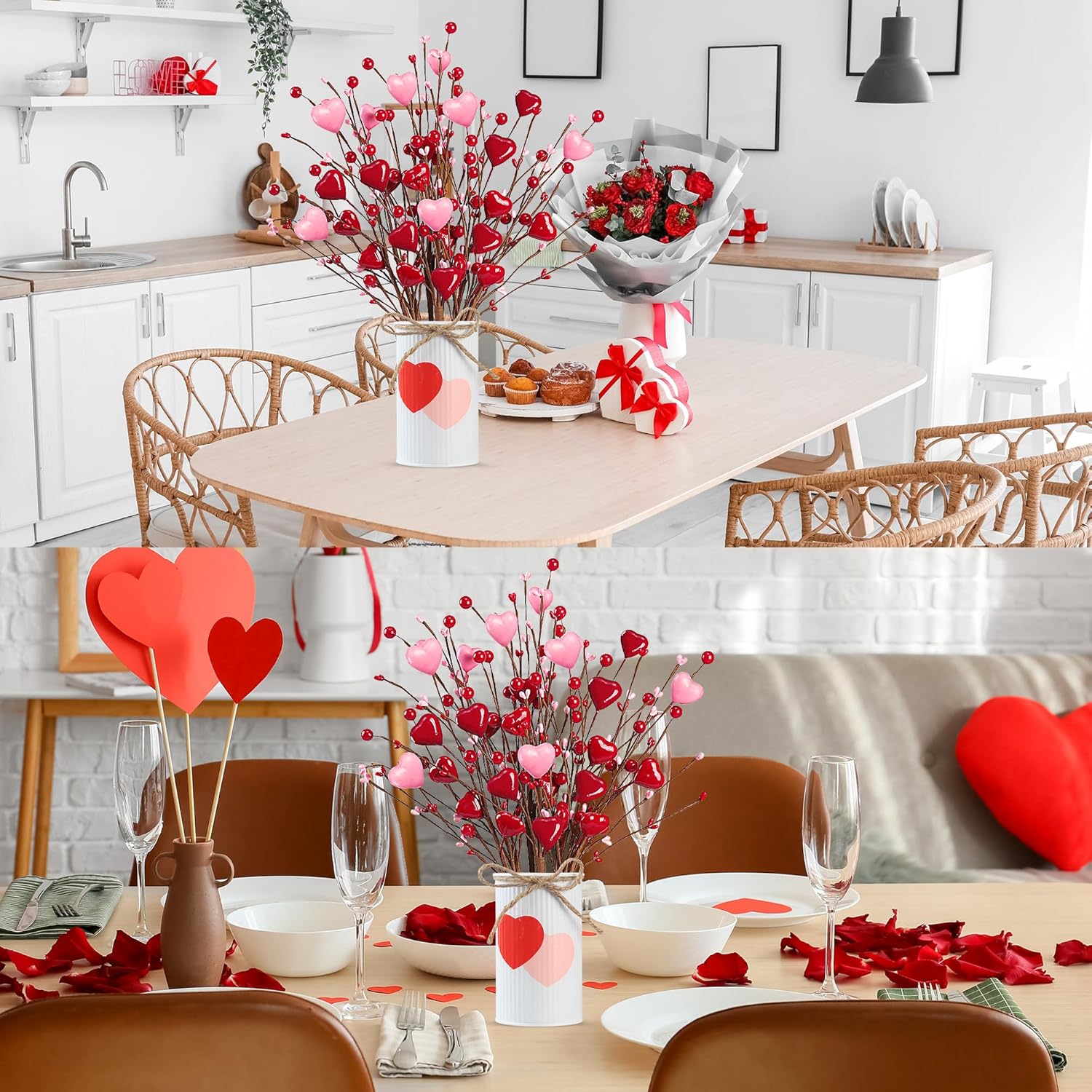 Valentine’S Day Gifts 6 Pcs Heart Shaped Berry Picks With White Metal Pot Artificial Red Heart Berry Twig Stem Branches For Valentine’S Day Anniversary Flower Bouquets Wedding Home Decor