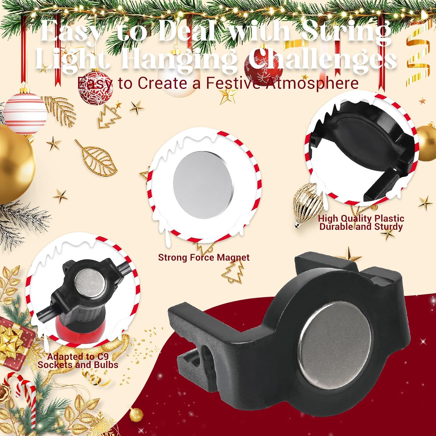 Strong Magnetic Christmas Light Clips -All-Weather Heavy-Duty Quick-Install Outdoor Light Clips For Roof, Gutter, Rv, Year-Round Decor (Black, 120)